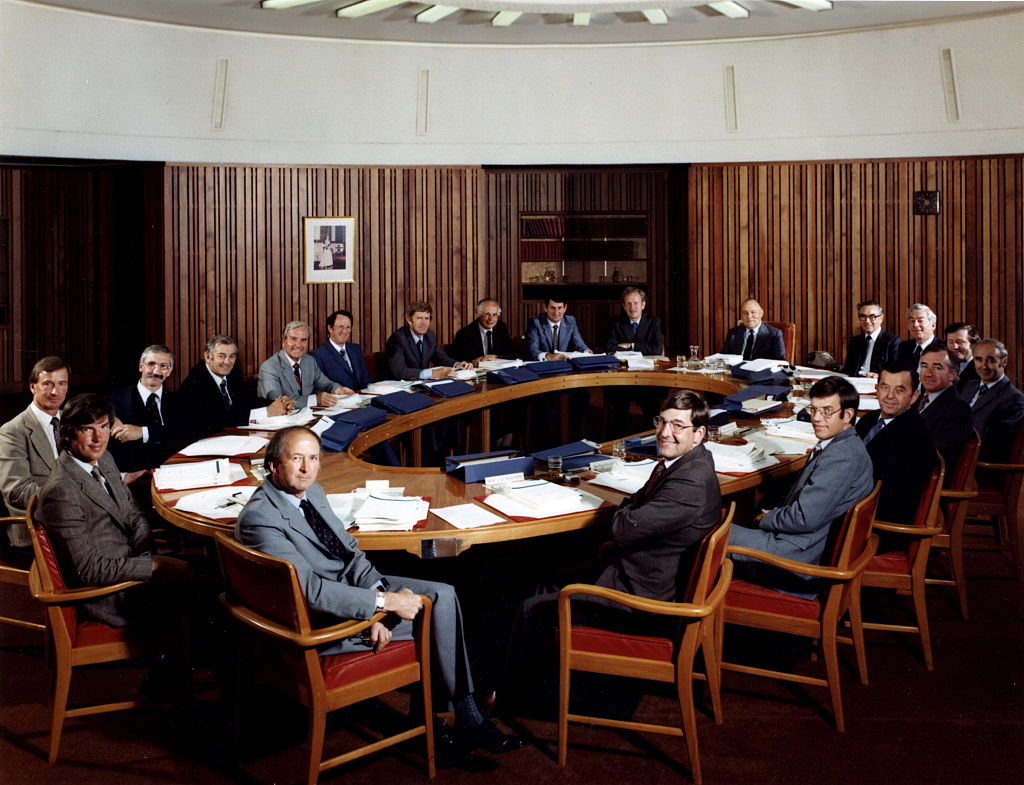 Prime Minister Robert Muldoon chairs a 1981 cabinet meeting. Photo / Getty Images