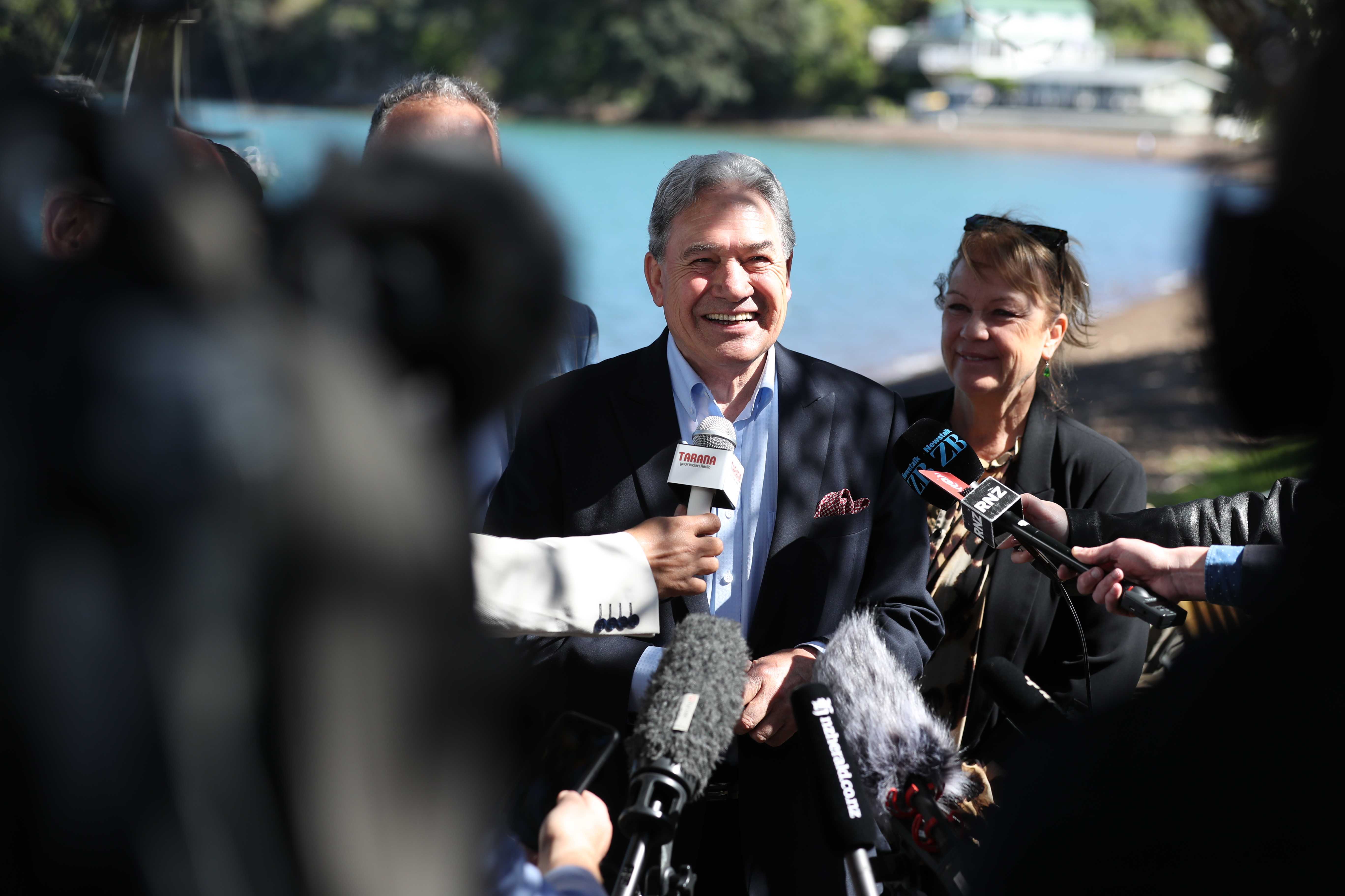 New Zealand First leader Winston Peters addresses reporters outside the Duke of Marlborough Hotel in Russell. Photo / Michael Cunningham