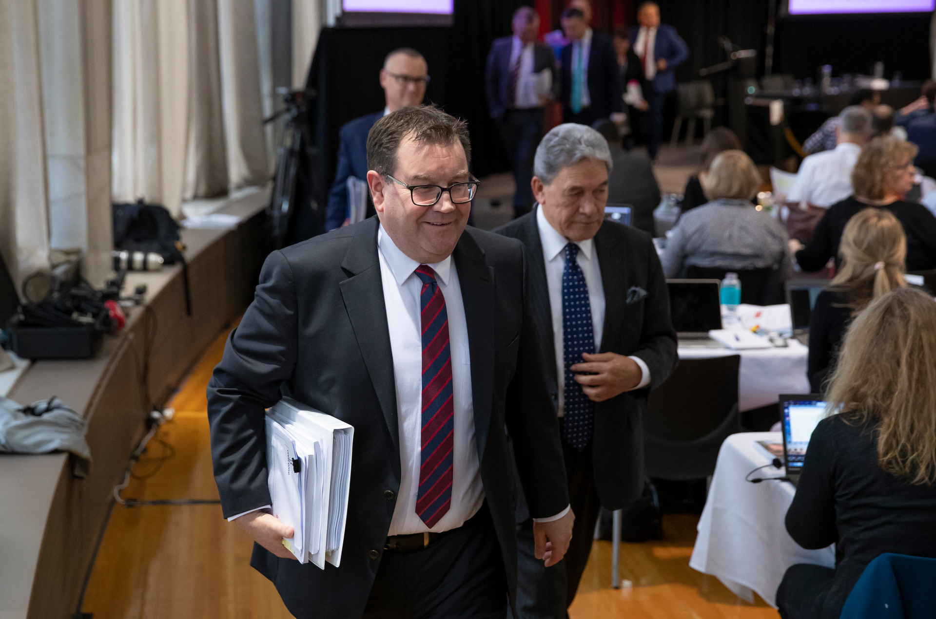 Finance Minister Grant Robertson leading his six ministers as he leaves after his Wellbeing Budget 2019 presentation in the lock-up. Photo / Mark Mitchell 