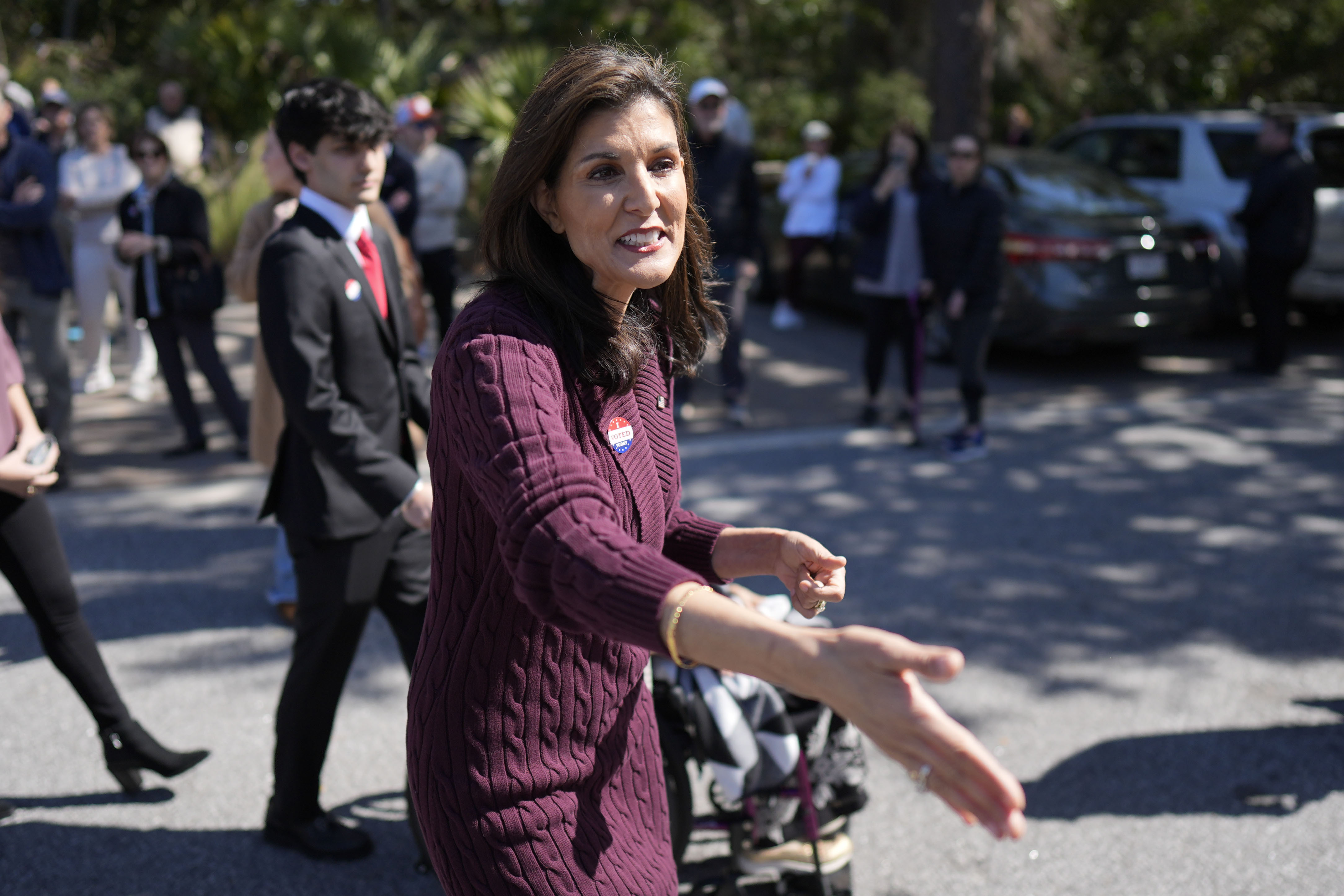 Republican presidential candidate former UN Ambassador Nikki Haley greets a supporter after voting in Kiawah Island, South Carolina. Photo / AP