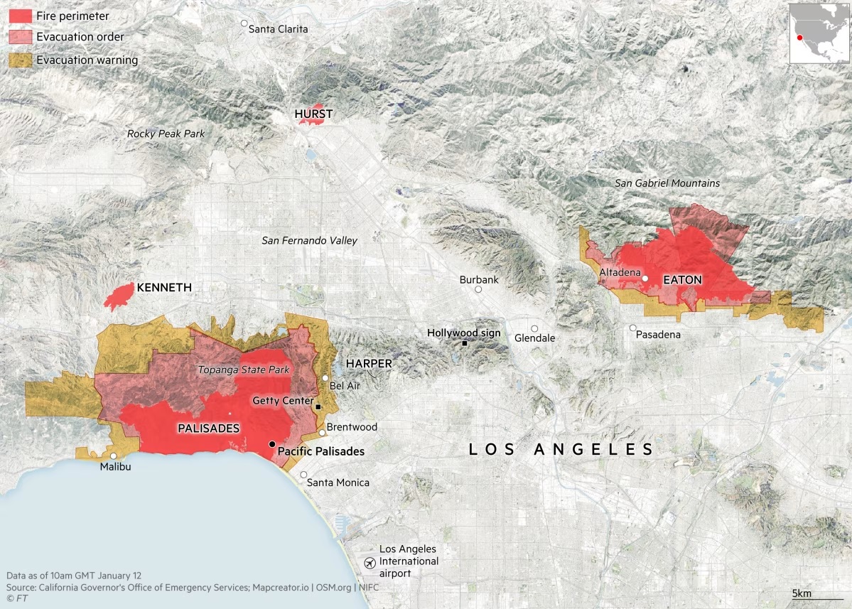Thousands of firefighters have been deployed to battle the Palisades fire with heavy trucks and air support. Graphic / Financial Times