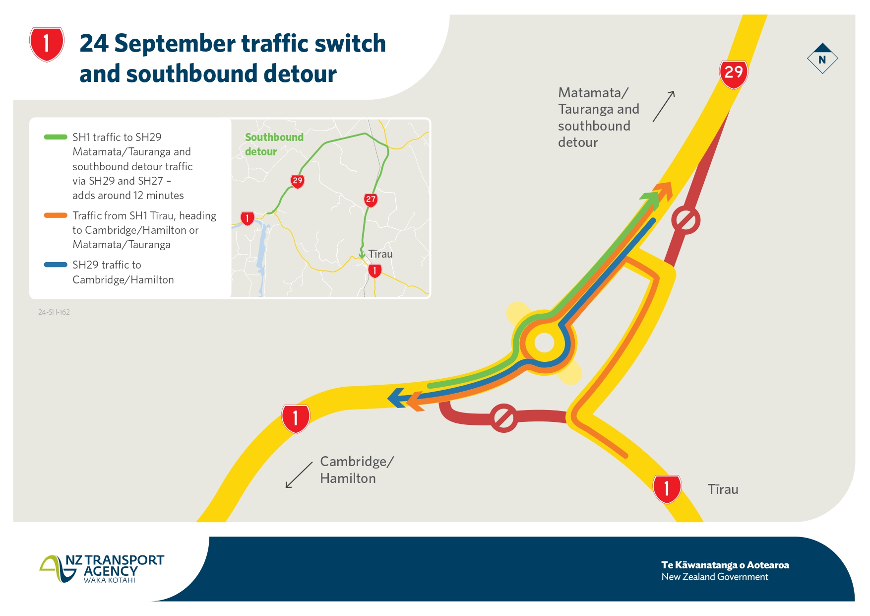 A one-day SH1 southbound lane closure is required on September 24 from 7am. Motorists will be required to detour via SH29, SH27, to SH1 adding around 12 minutes to journey times. Graphic / New Zealand Transport Agency