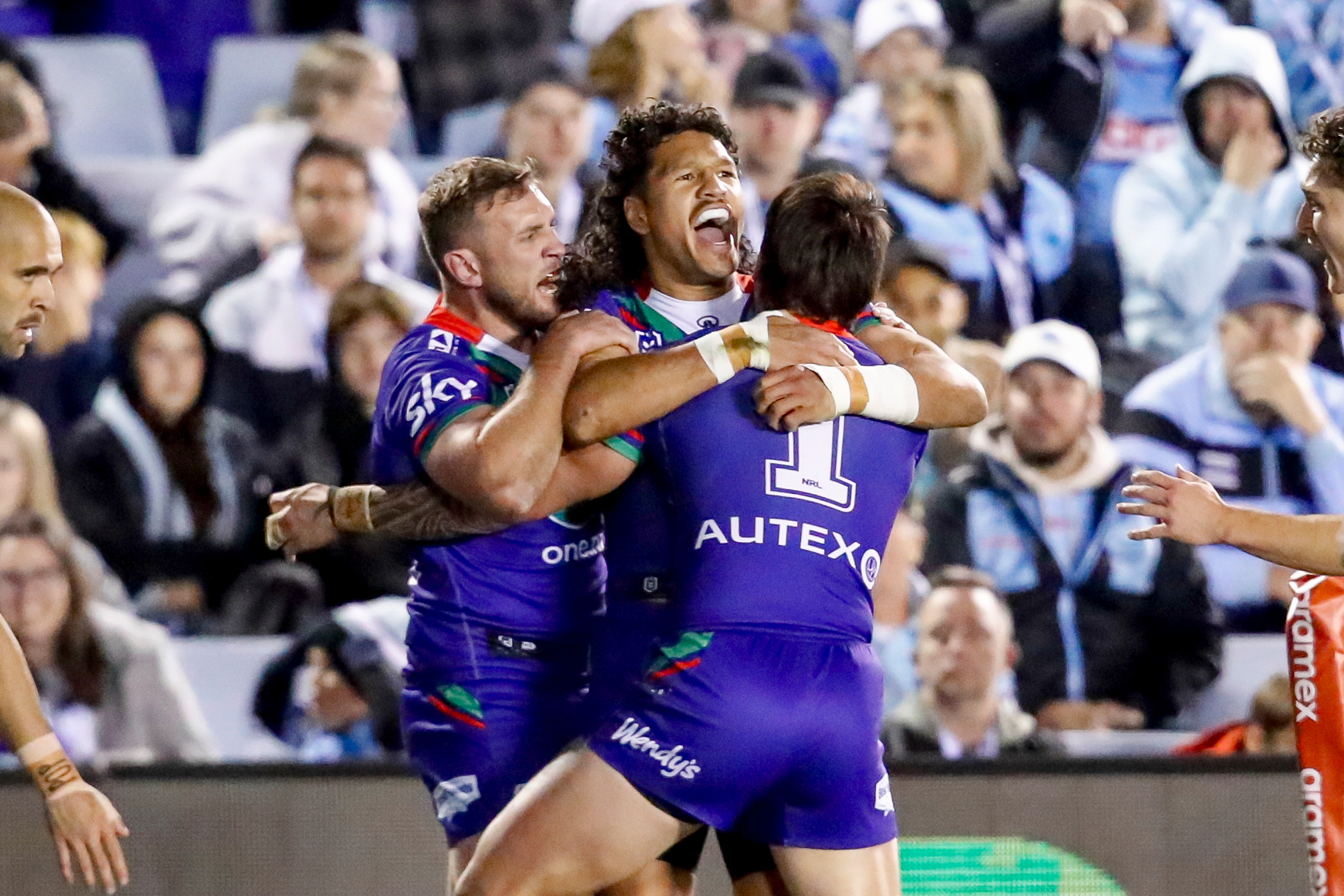 Dallin Watene-Zelezniak celebrates scoring against the Sharks. Photo / Photosport