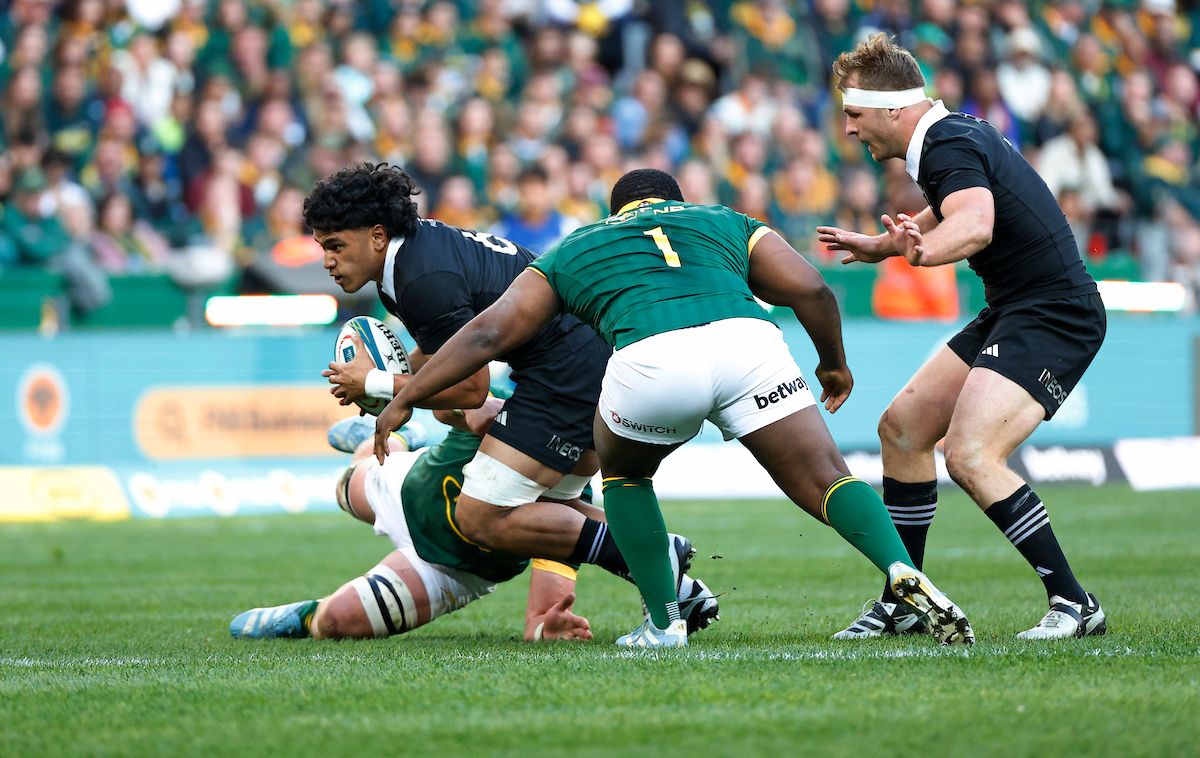 Wallace Sititi tackled against South Africa. Photo / Photosport