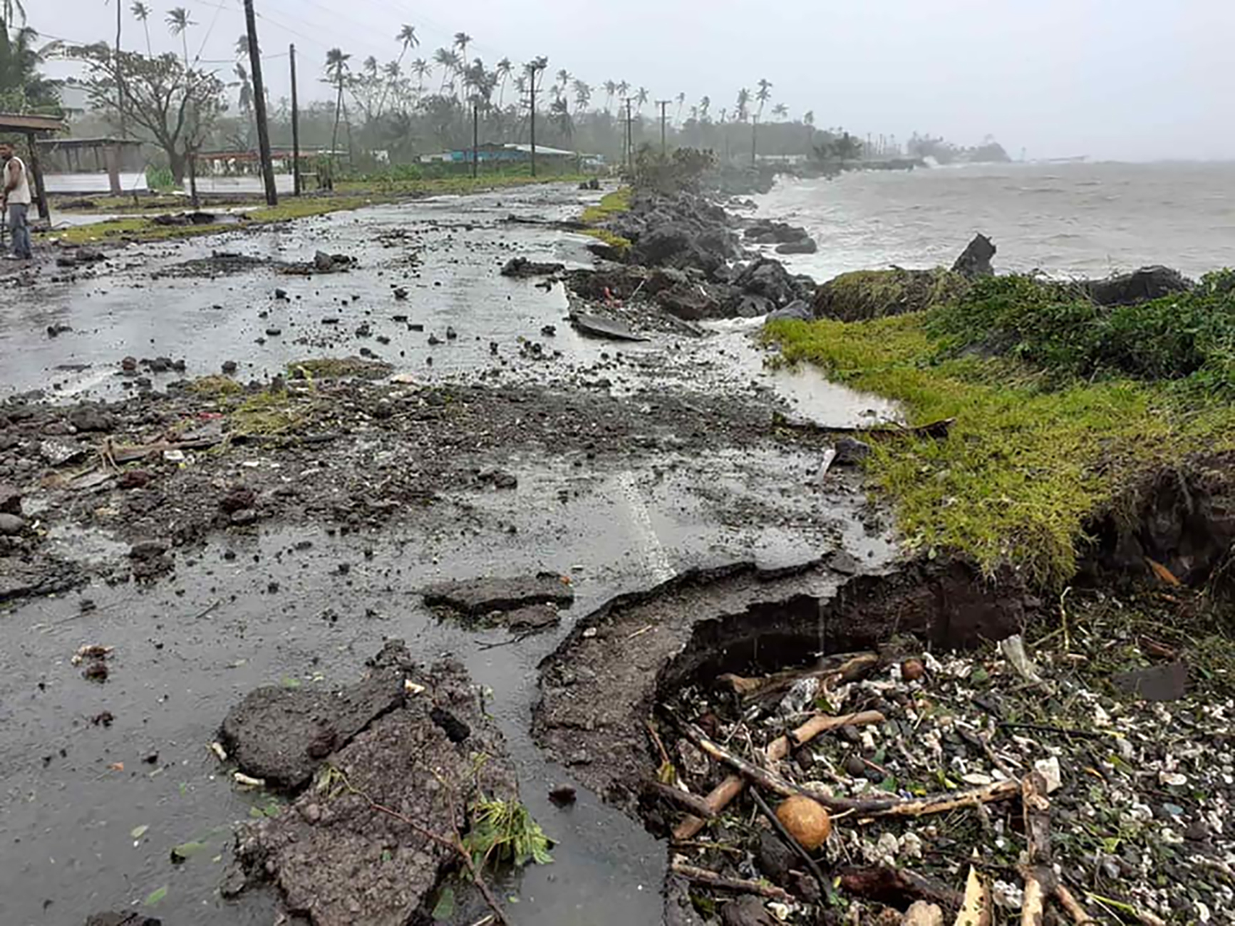 Damage to the north coastal road in Tavenui, Fiji, in the wake of last December's tropical cyclone Yasa. Photo / Fiji Roads Authority