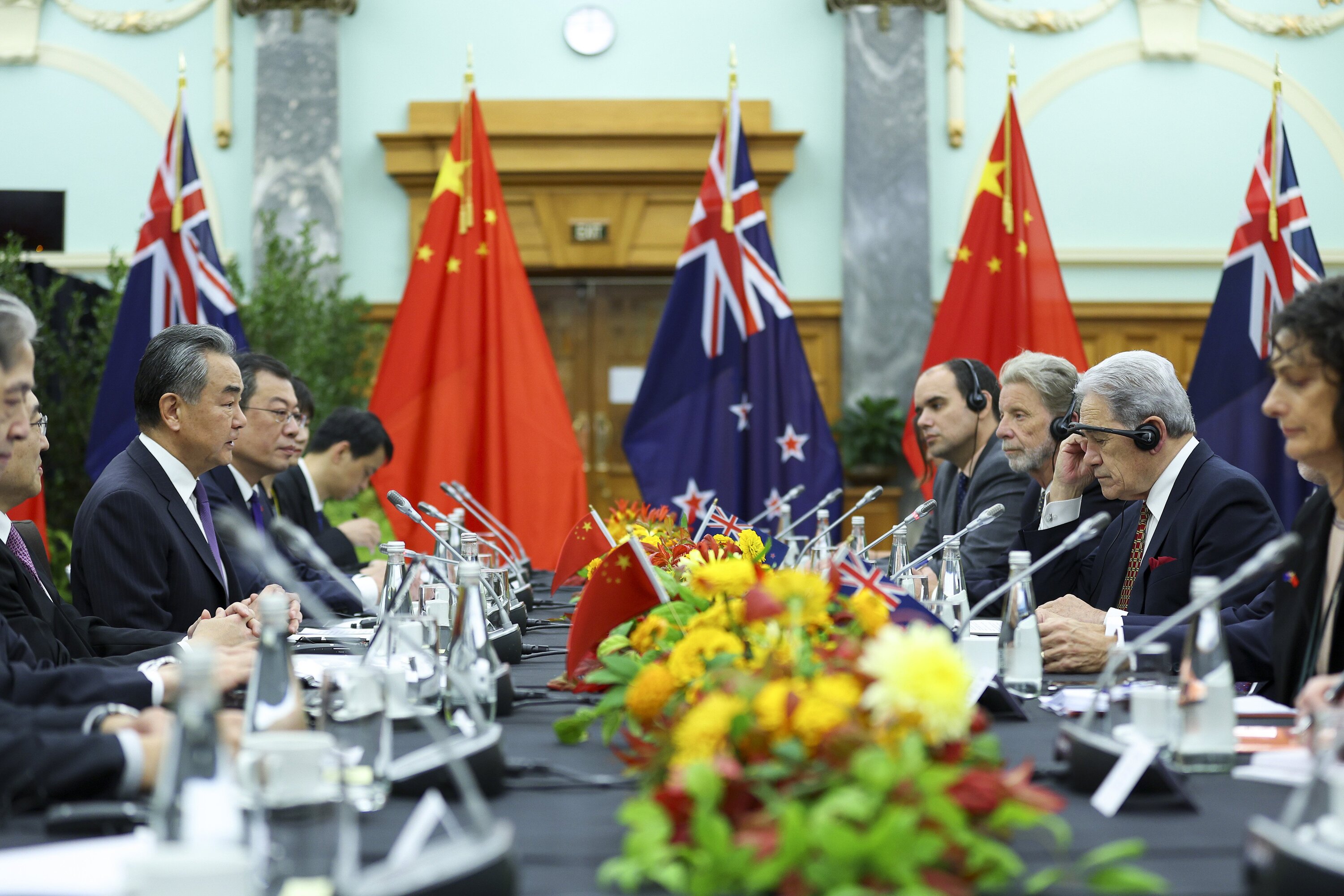 Minister of Foreign Affairs Winston Peters and Minister of Foreign Affairs People’s Republic of China Wang Yi meet in Wellington. Photo/Getty  
