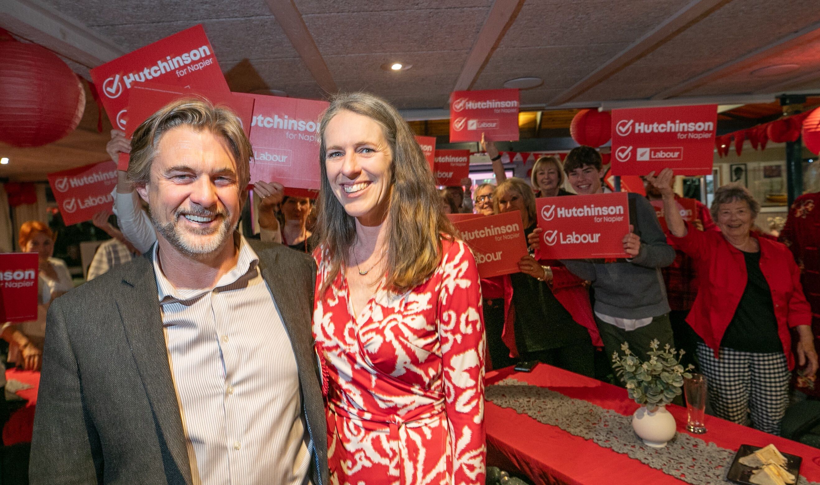 Labour's Napier candidate Mark Hutchinson with partner Nisha McGowan on election night. Photo / Warren Buckland