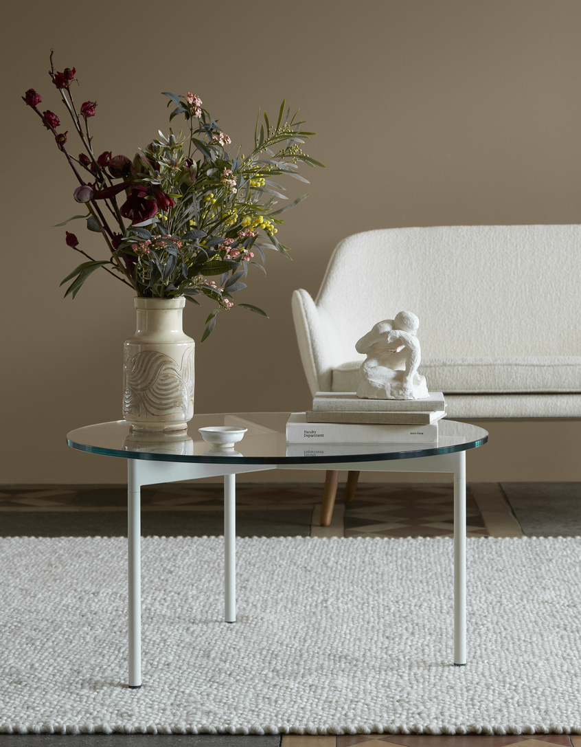 The 'From Above' coffee table from Good Form features glass and powder-coated steel.