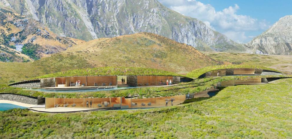 Artist's impression of the proposed tussock- and shrub-covered lodge overlooking Lake Wānaka.