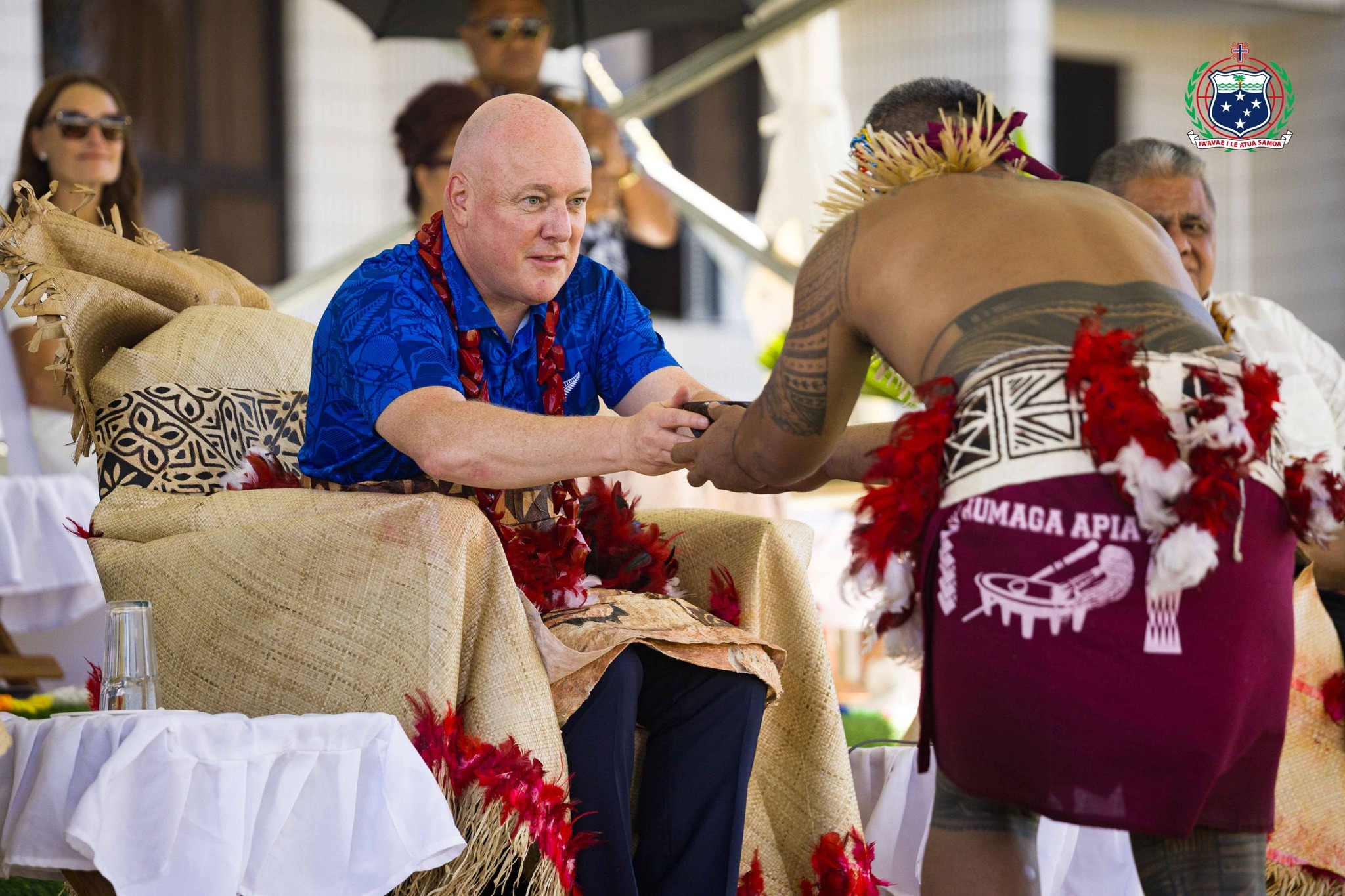 Tuisinavemaulumoto'otua Christopher Luxon takes part in a ceremony bestowing his matai title in Apia, Samoa, yesterday. Photo / Government of Samoa