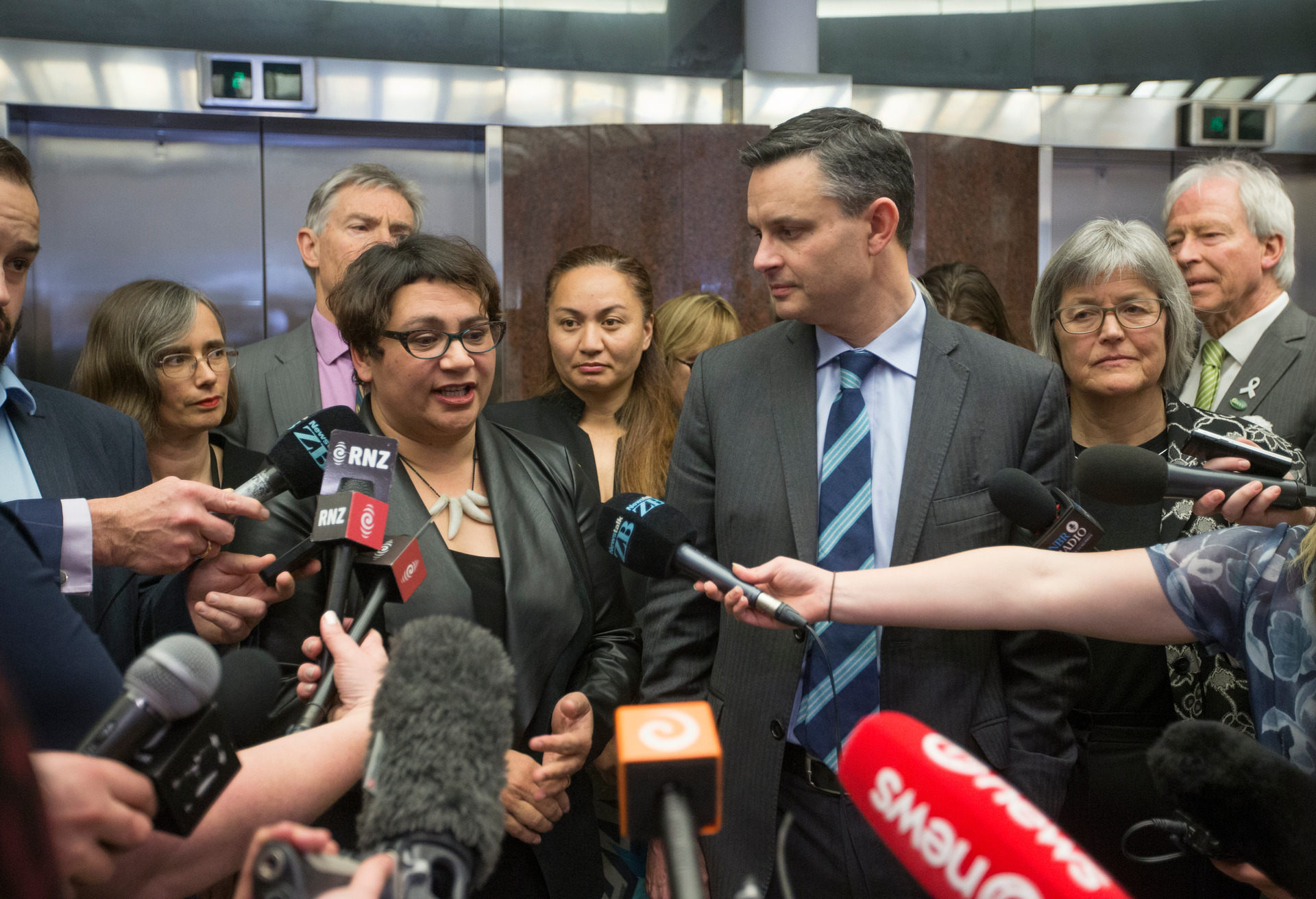 Ex-Green Party co-leader Metiria Turei and James Shaw with their caucus in August 2017, under pressure the day before Turei resigned. Photo / Mark Mitchell
