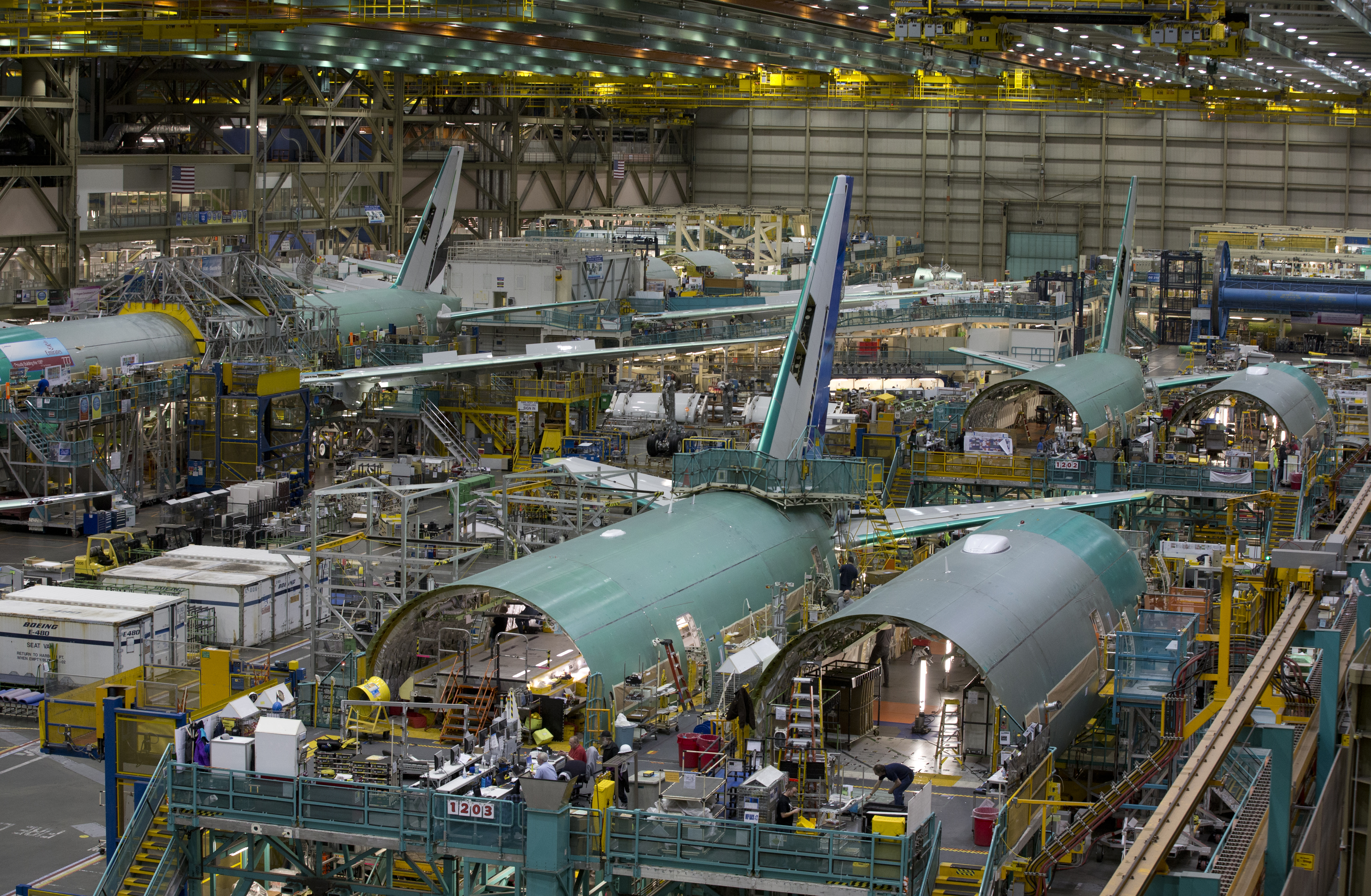 A Boeing production assembly line at the Everett site, Seattle. Photo / Brett Phibbs