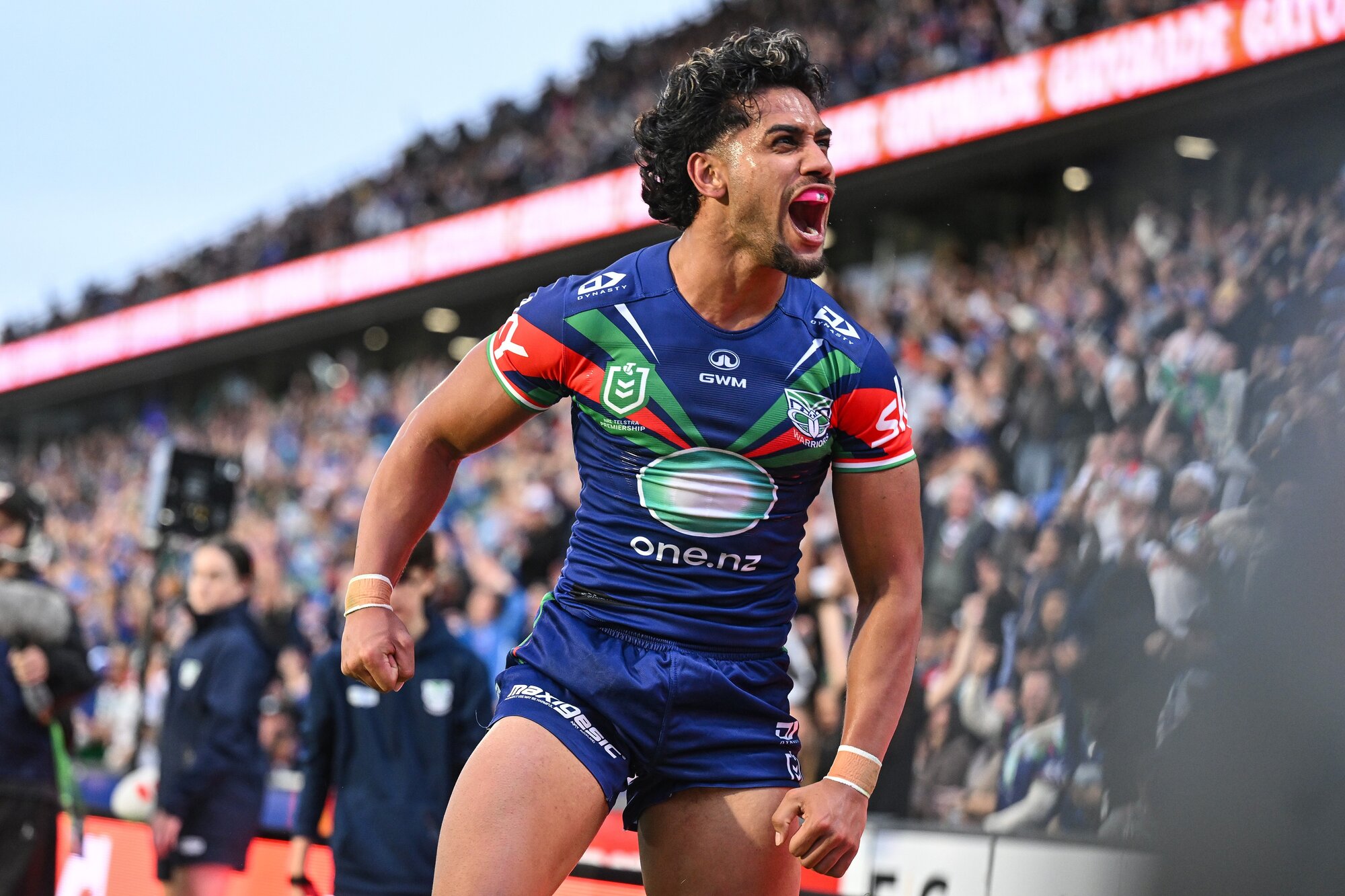 Alofi'ana Khan-Pereira of the Warriors celebrates scoring against the Gold Coast, in their most recent home match in Auckland. Photo / Photosport
