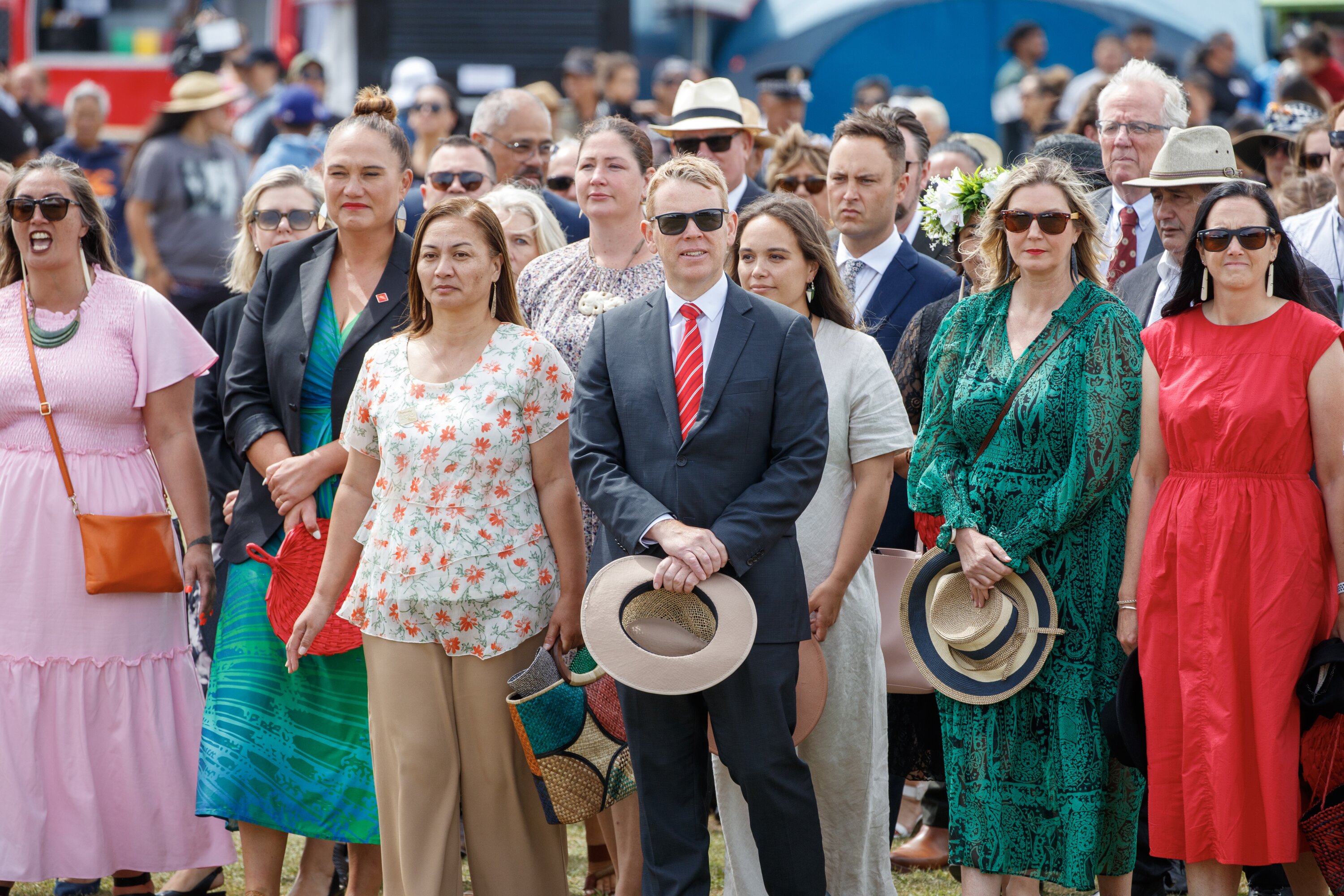 Greens co-leader Marama Davidson and Labour leader Chris Hopkins leading their MPs during their powhiri at Rātana Pā. Photo / Mark Mitchell