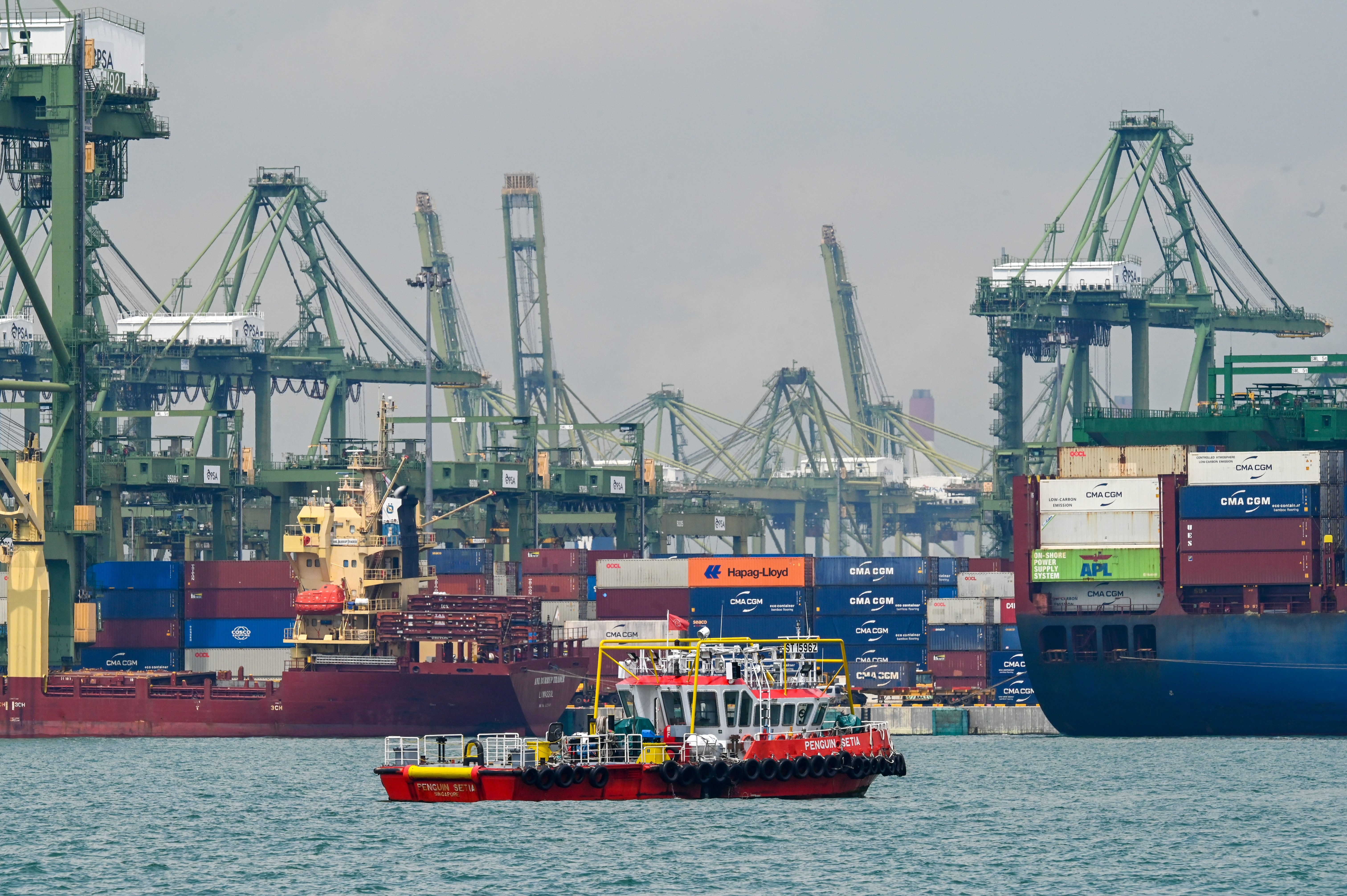 Vessels with shipping containers are seen at Pasir Panjang port terminal in Singapore on October 17, 2025. Photo / Roslan Rahman, AFP