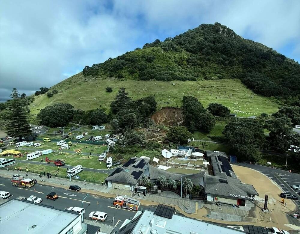 Damage to the Mount Maunganui Beachside Holiday Park and nearby hot pools after the January 22 slip.