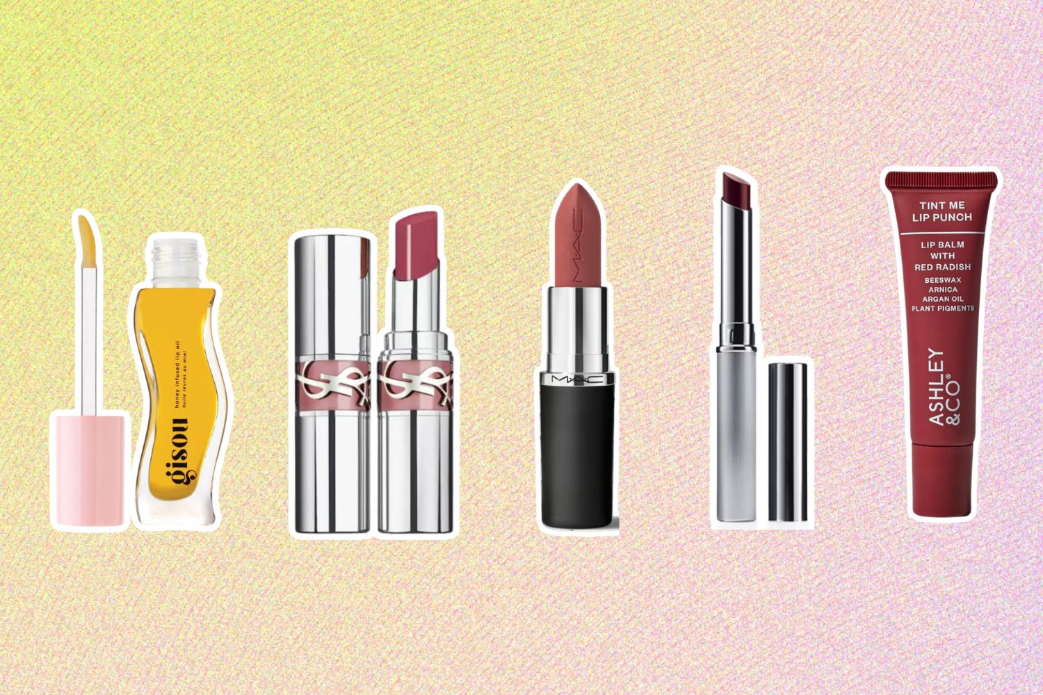 From left: Gisou Lip Oil; YSL Loveshine; M.A.C Macximal Silky Matte Lipstick; Clinique Almost Lipstick in Black Honey; Ashley & Co Tint Me Lip Punch with Red Radish.