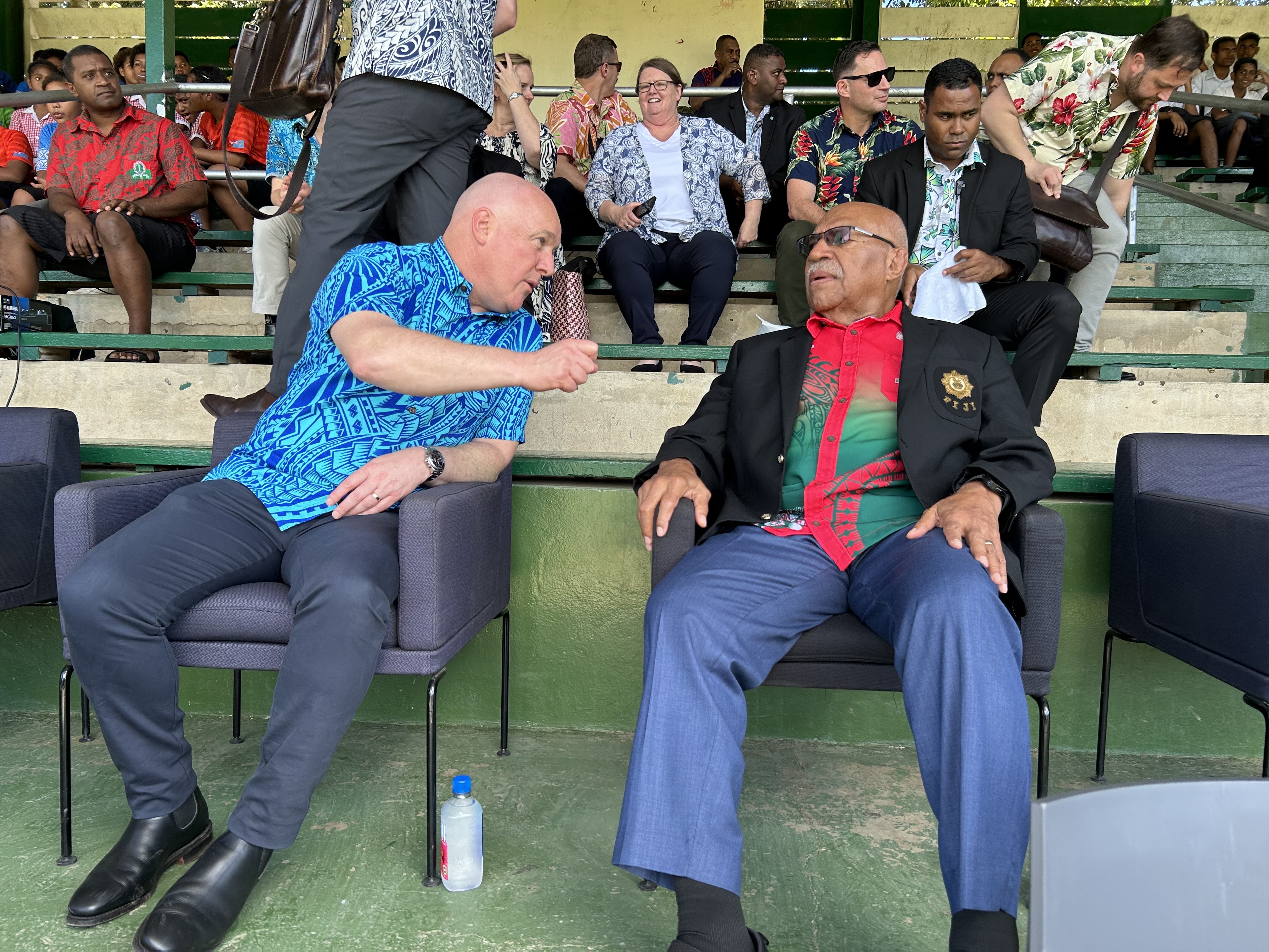 NZ Prime Minister Christopher Luxon and Fiji Prime Minister Sitiveni Rabuka at a Sevens game in Fiji. Photo / Adam Pearse