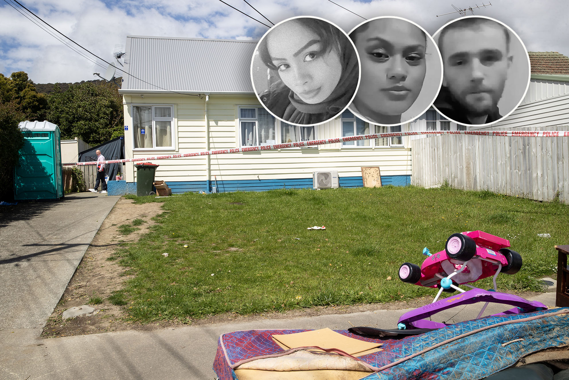 The Poole St house in Taita, Lower Hutt, where Ruthless-Empire lived. Inset L-R: Storm Wall (Ruthless-Empire's mum), Rosie Morunga and Dylan Ross. Photo / Mark Mitchell