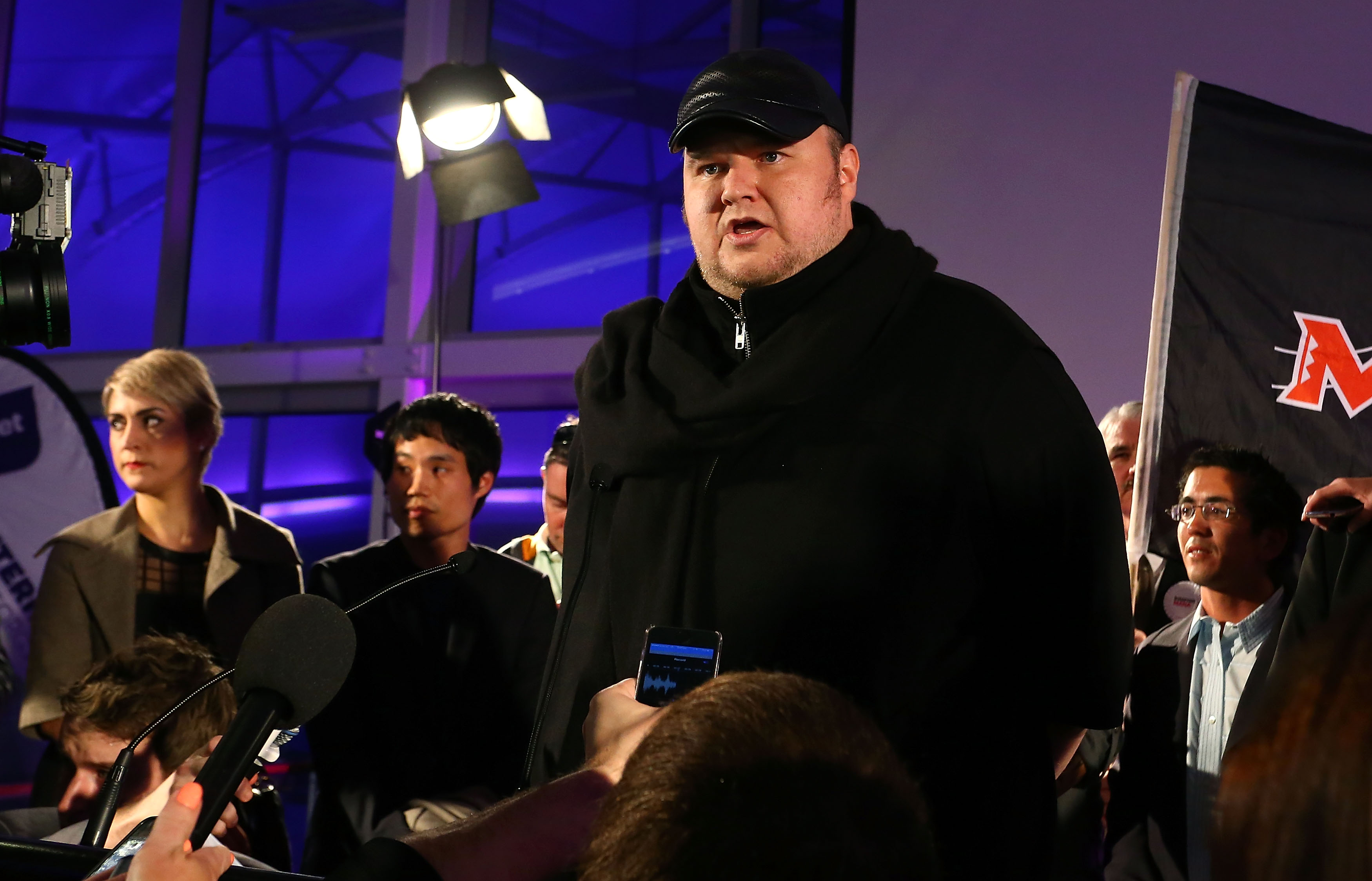 Kim Dotcom issued an apology to Hone Harawira and the Maori people for the party's loss last night - but refused to answer questions afterwards. Photo / NZ Herald