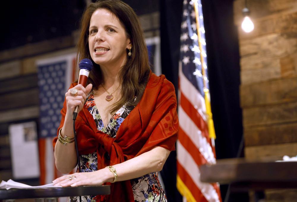 Dr. Simone Gold speaks to a large crowd inside The Elephant in the Room in Jenks during a Frontline Doctor's Uncensored Truth Tour event. Photo / AP