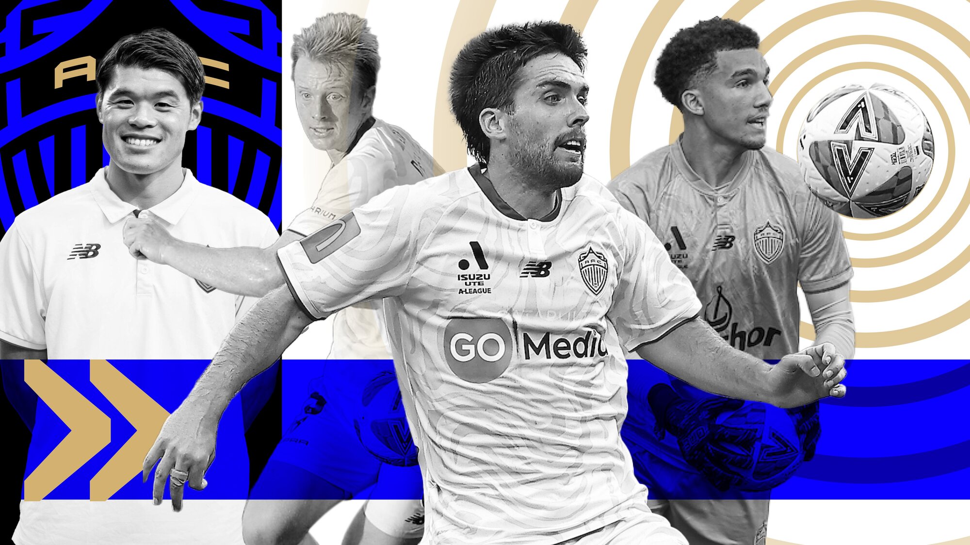 Auckland FC stars (from left): Hiroki Sakai, Francis de Vries, Guillermo May and Alex Paulsen. Illustration / NZ Herald, Photo / Photosport