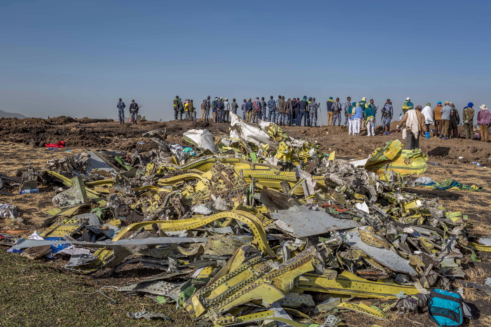 Wreckage is piled at the crash scene of the Ethiopian Airlines flight crash.