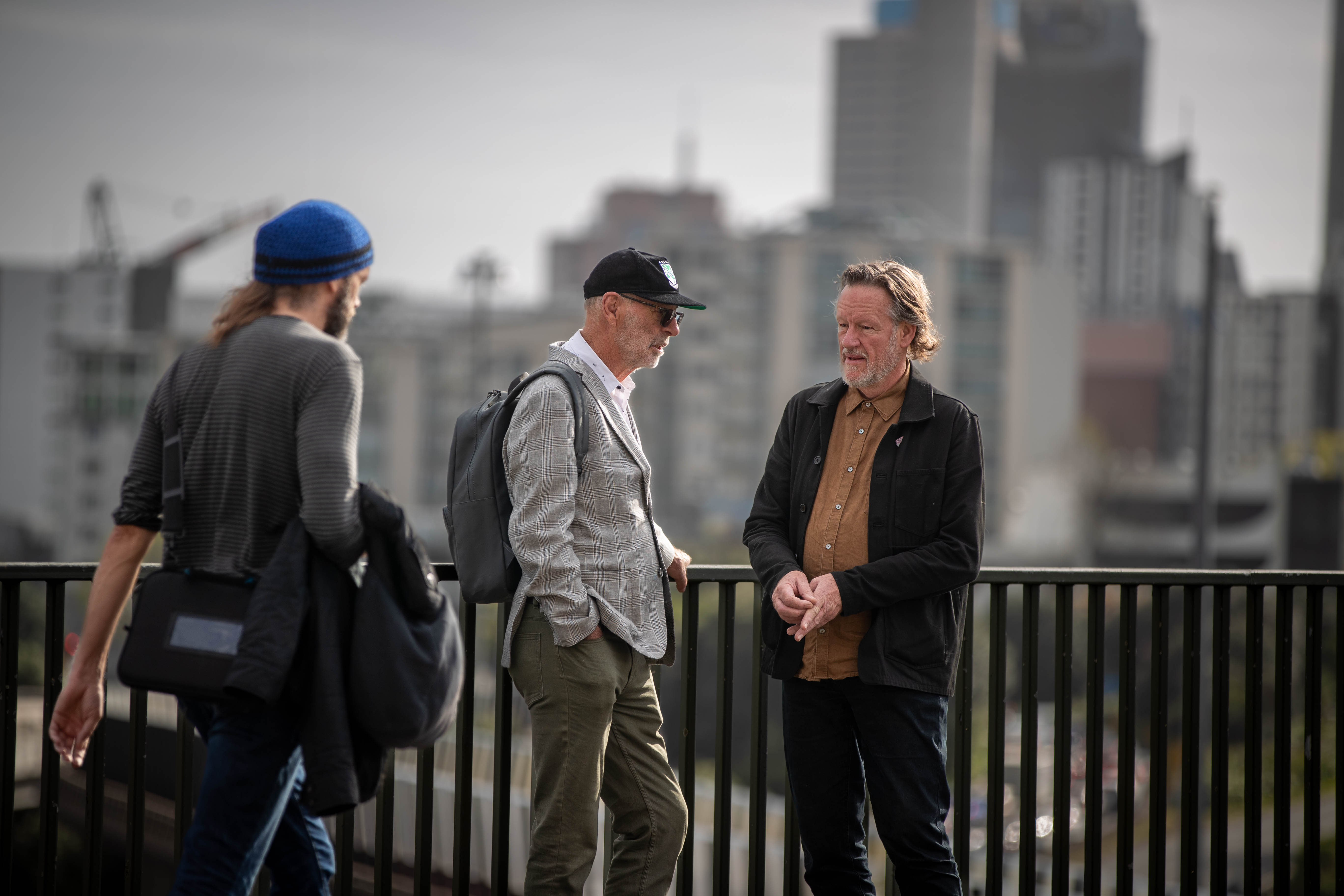 Auckland mayor Wayne Brown in conversation with Simon Wilson on the Hopetoun Bridge. Photo / Michael Craig