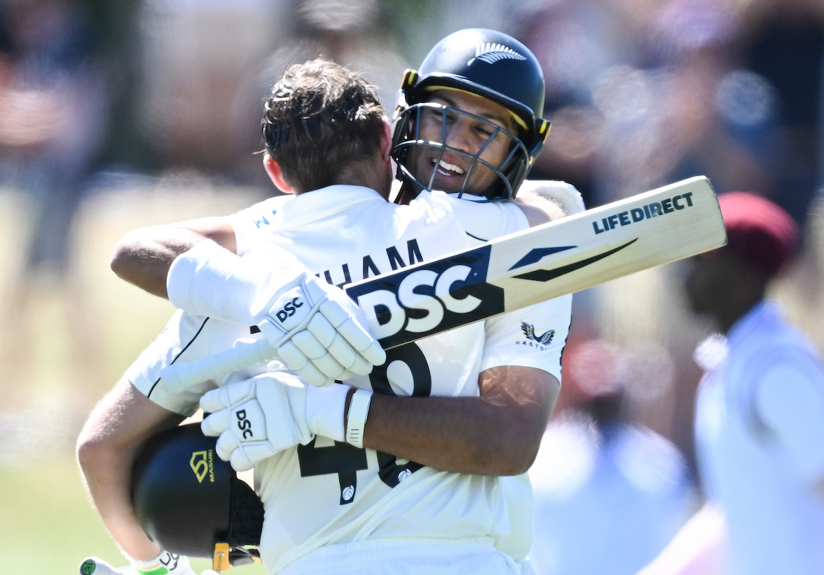 Black Caps captain Tom Latham and Rachin Ravindra will hope to have more celebrations together during a busy 12-month schedule for the side. Photo / Photosport