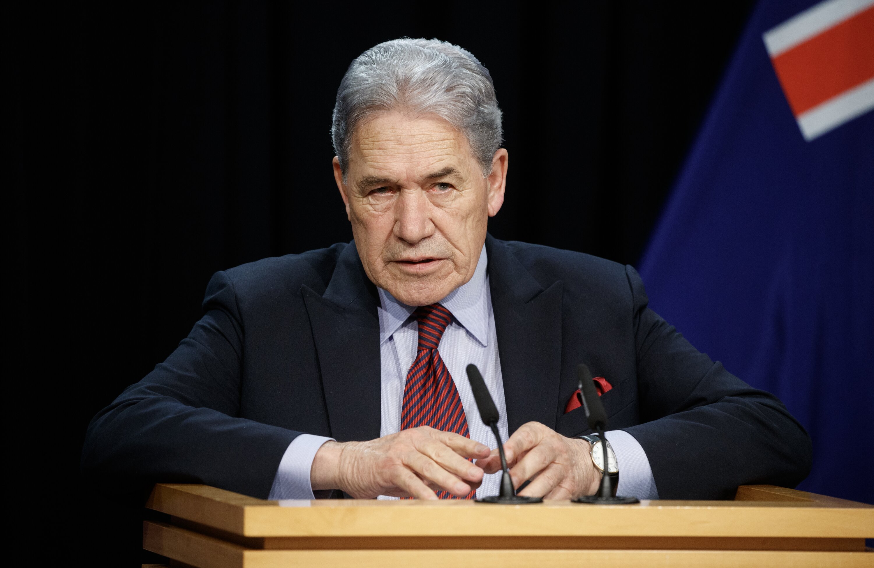 Racing Minister Winston Peters during his press conference when he announced greyhound racing is set to be outlawed in New Zealand. Photo / Mark Mitchell