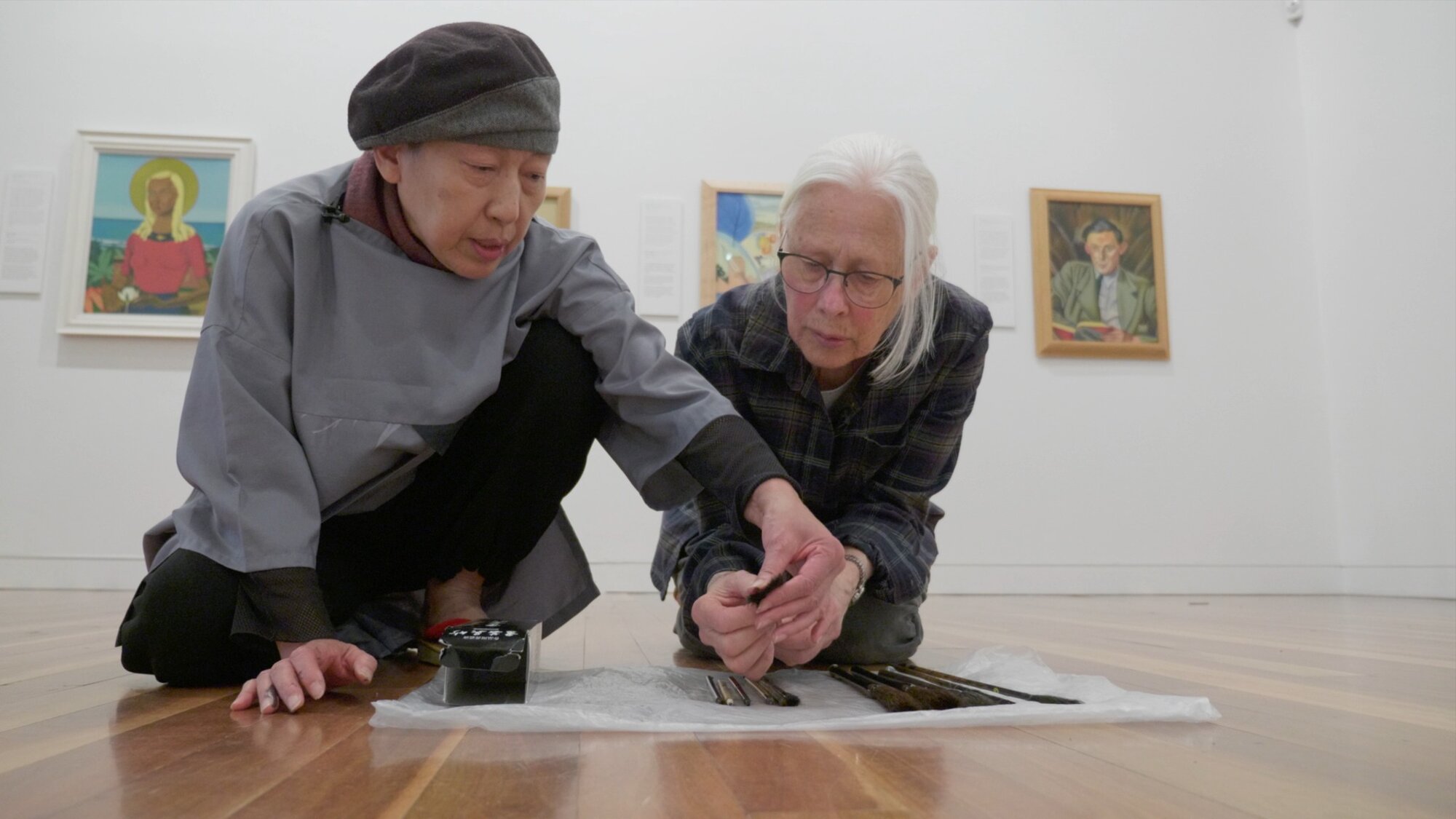 Japanese calligrapher Taeko Ogawa with White at Aratoi art and history museum in Masterton for their collaboration marking the 80th anniversary of the nuclear bombing of Hiroshima and Nagasaki during World War II.