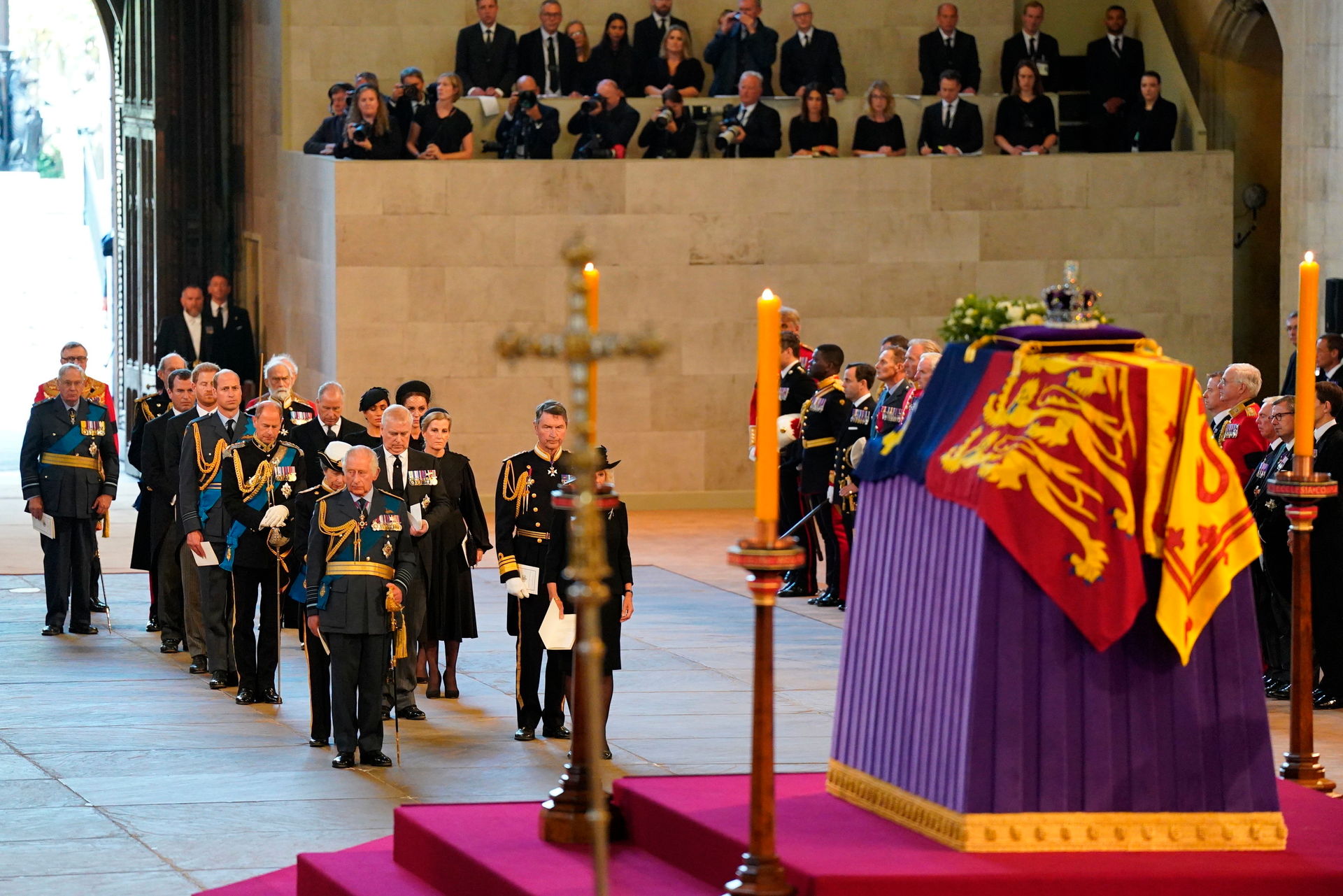 Members of the royal family including King Charles III, Princess Anne, Prince Edward, Prince William and Prince Harry stand behind the coffin of Queen Elizabeth II in Westminster Hall, London. Photo / AP