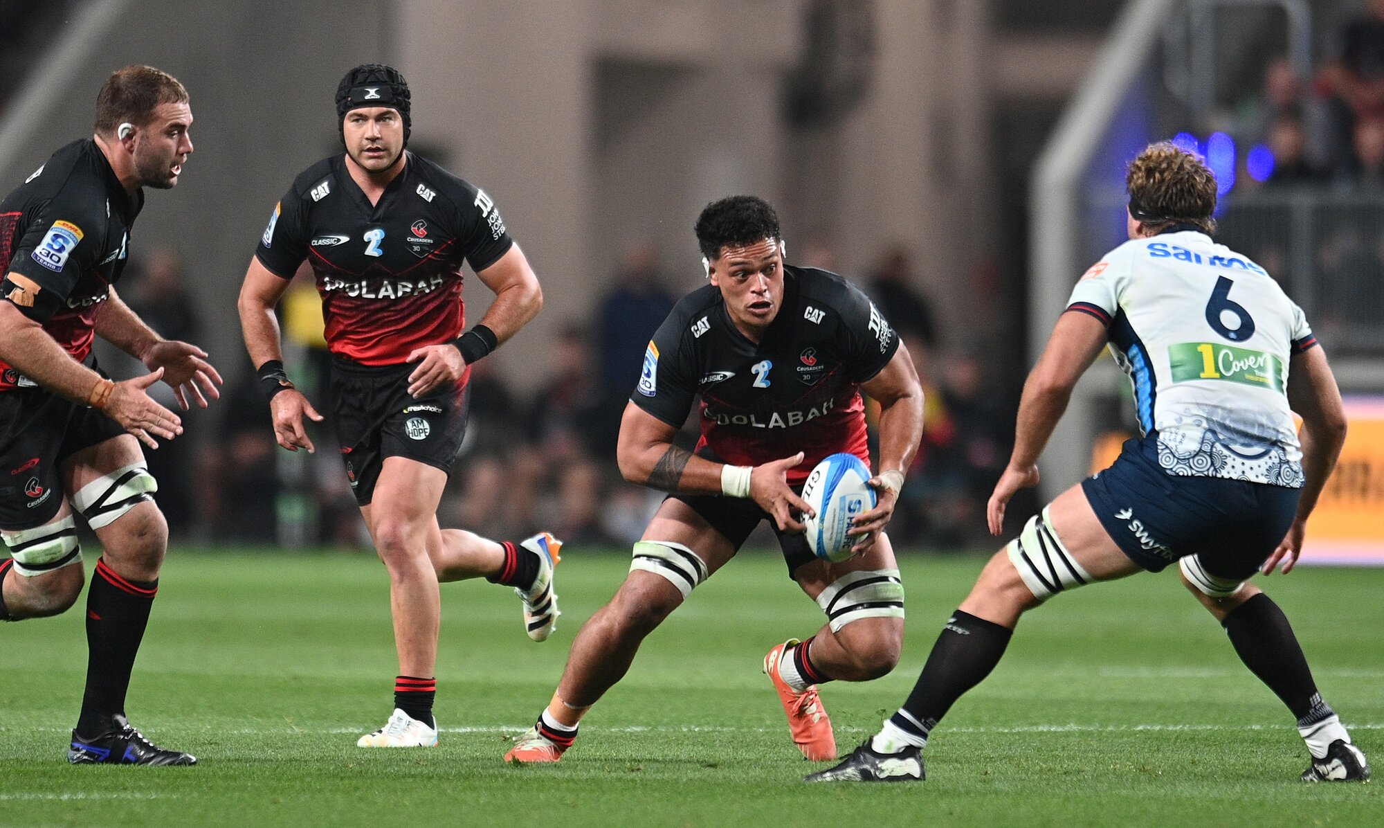 Christian Lio-Willie on the charge for the Crusaders. Photo / Photosport