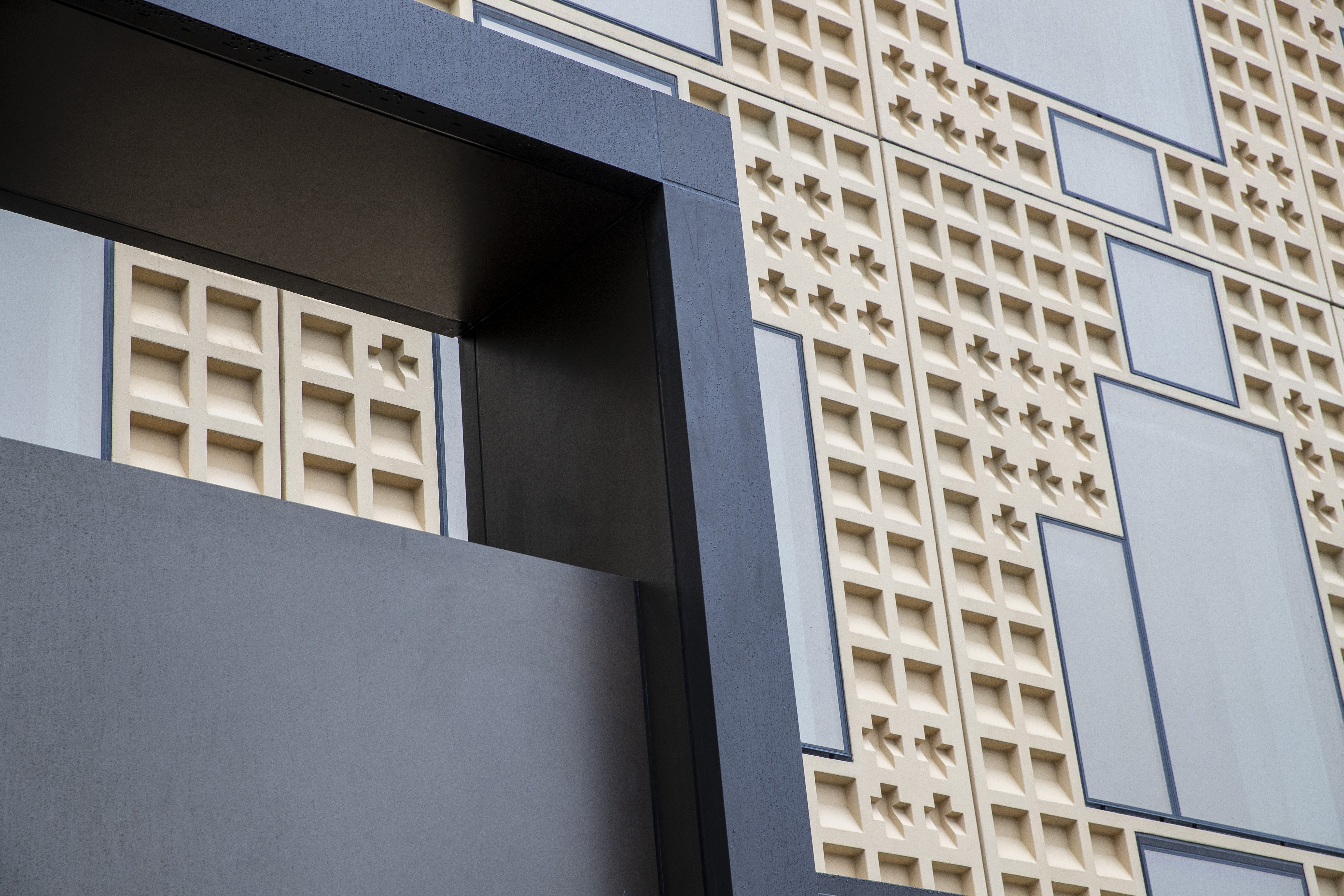 Each slot in the facade forms an angle to deter birds. Photo / Michael Craig