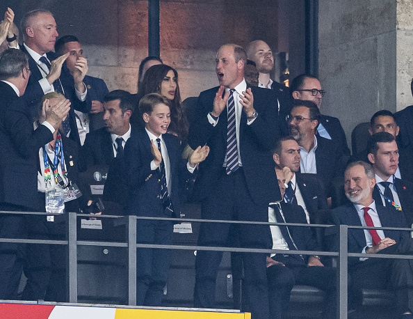 Prince William, the Prince of Wales, and his son, Prince George, celebrate after their team's first goal during the UEFA EURO 2024 final match between Spain and England at Olympiastadion in Berlin, Germany. Photo / Getty Images