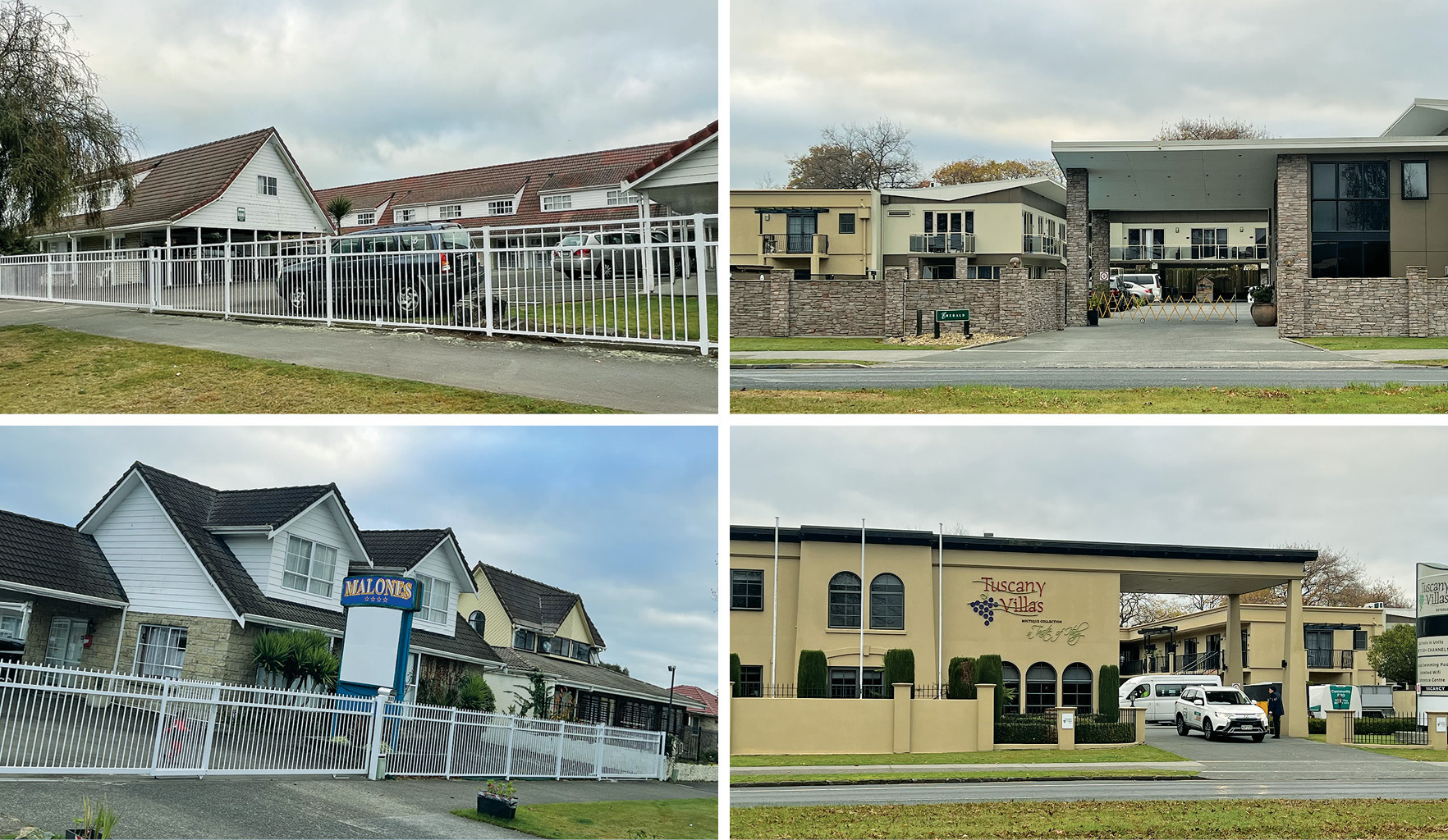 The motels being exited from contracted emergency housing. Clockwise from top left, Midway Motel, Emerald Spa, Tuscany Villas, Malones Motel. Photos / Kelly Makiha