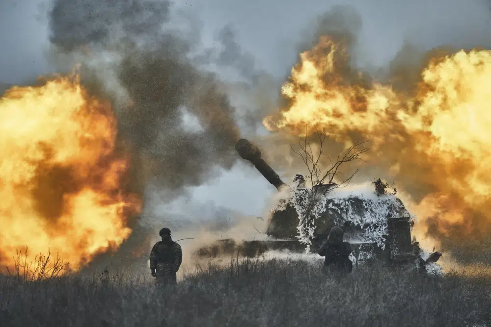 A self-propelled artillery vehicle fires on the frontline, Donetsk region, Ukraine. Photo / AP