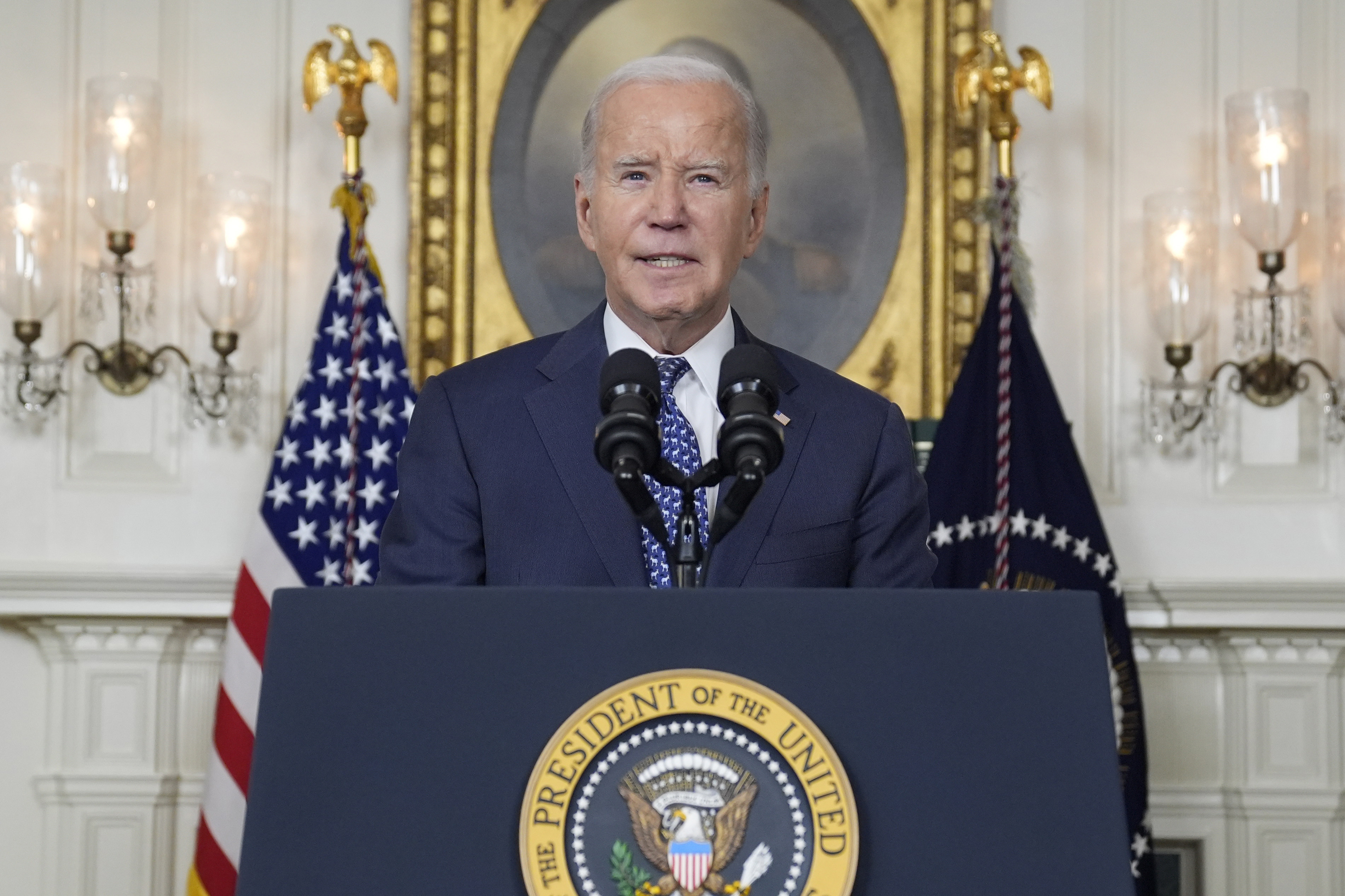 President Joe Biden speaks in the Diplomatic Reception Room of the White House. Photo / AP