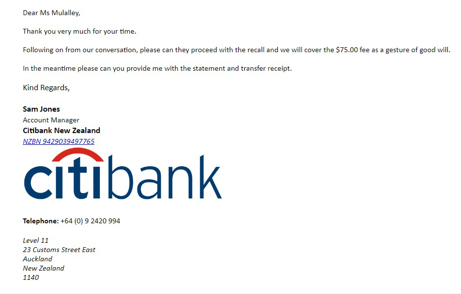 One of a number of convincing emails sent to Cath Mulalley from scammers purporting to be from Citibank. There is no Sam Jones working for Citibank in New Zealand, but other details are correct. Photo / Supplied
