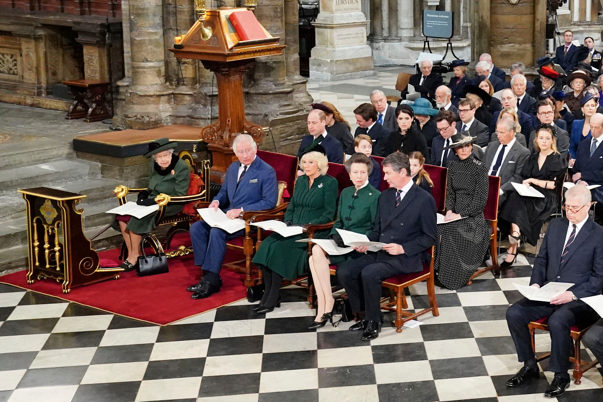 Queen Elizabeth II, Prince Charles, Camilla, Duchess of Cornwall, Princess Anne, Tim Laurence, and Prince Andrew. Photo / Dominic Lipinski, Pool via AP
