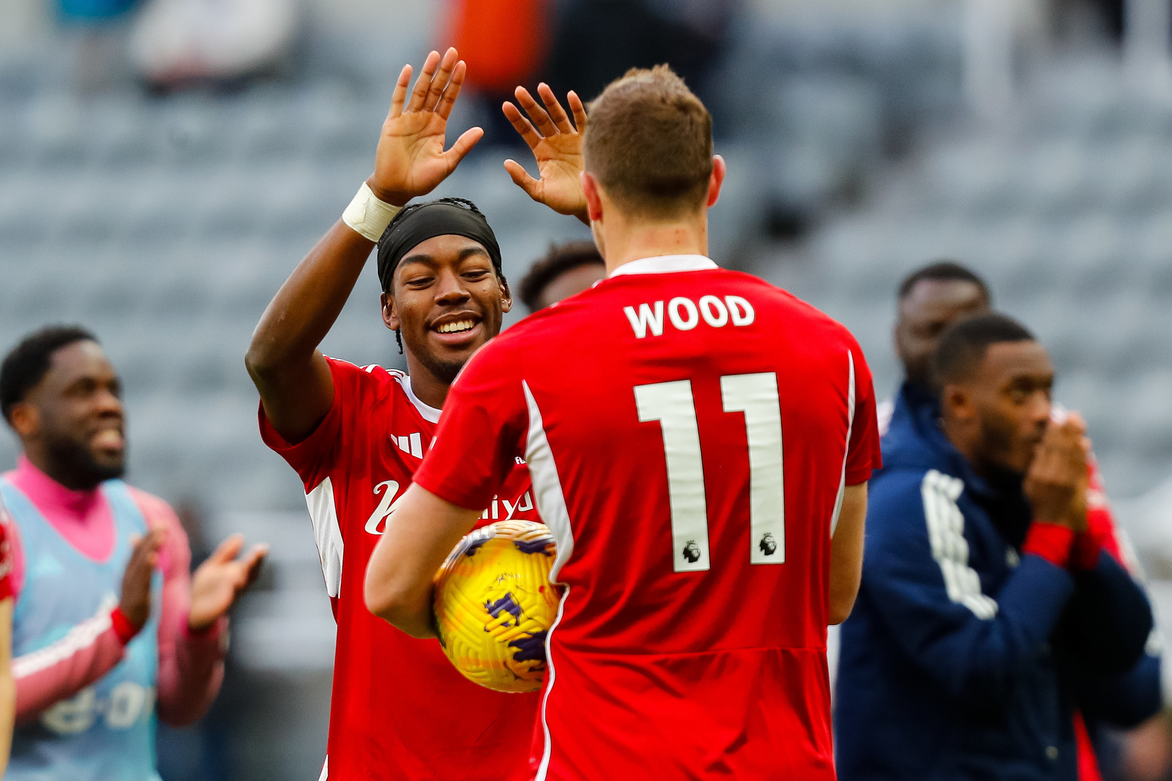 Anthony Elanga congratulates Chris Wood. Photo / Photosport