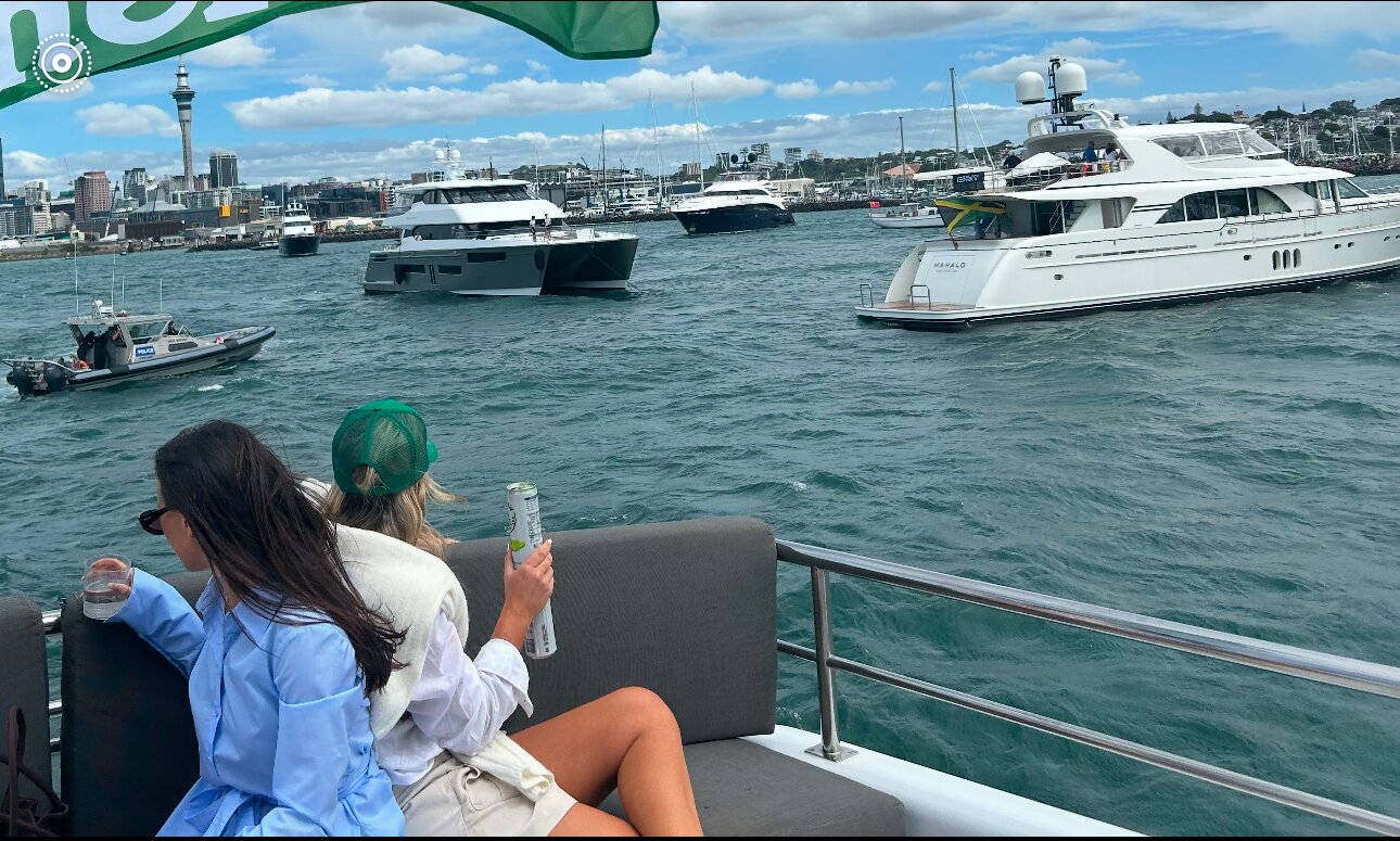 Maritime police, left, were called to help untangle the anchor chains of yachts Rua Moana, left, and Maholo, right, which were on the Waitemata Harbour for the ITM New Zealand SailGP racing. 