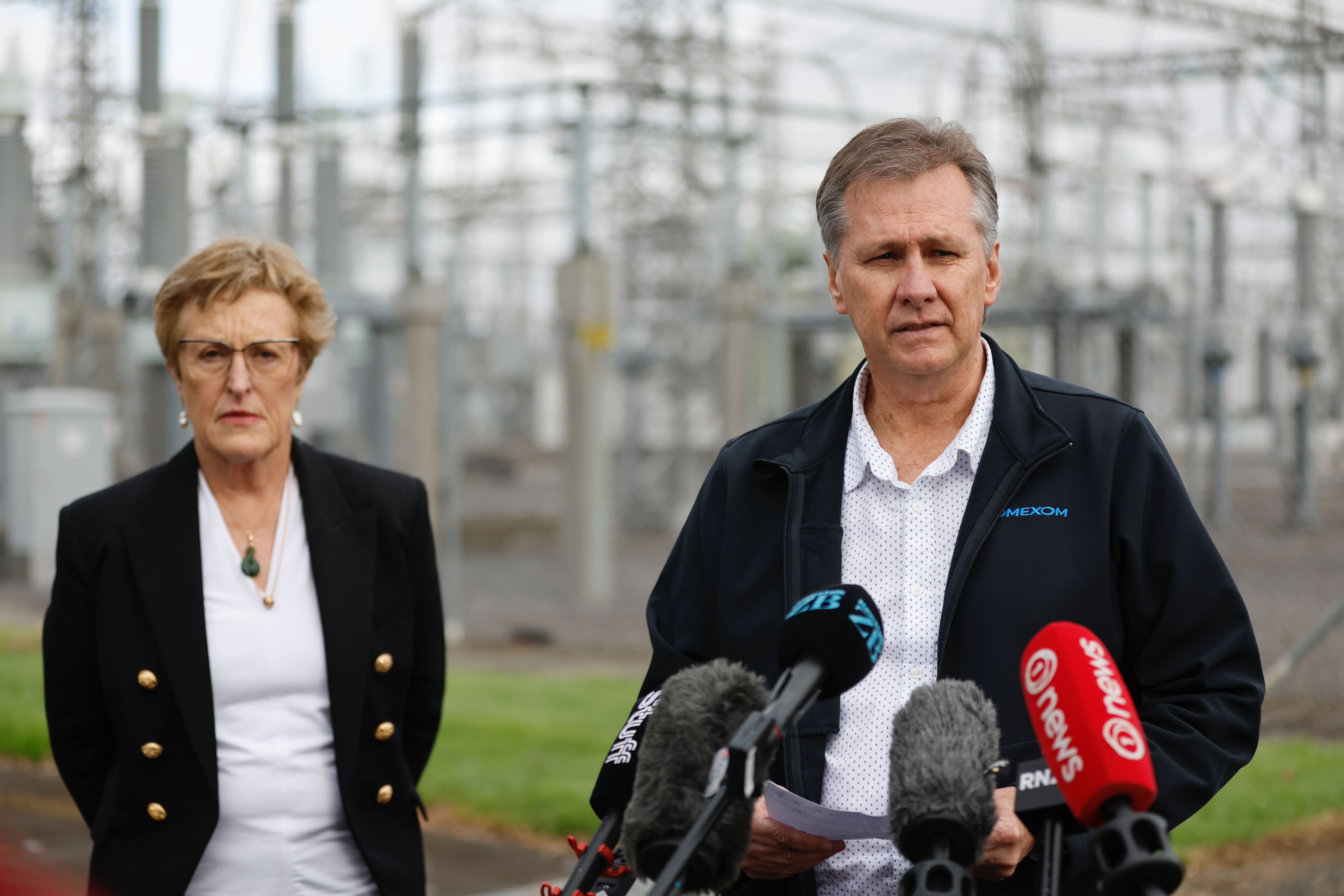 Transpower chief executive Alison Andrew and Omexom NZ managing direct Mornez Green explained how the tower fell over after contractors took too many bolts out from its base plate. Photo / Michael Craig