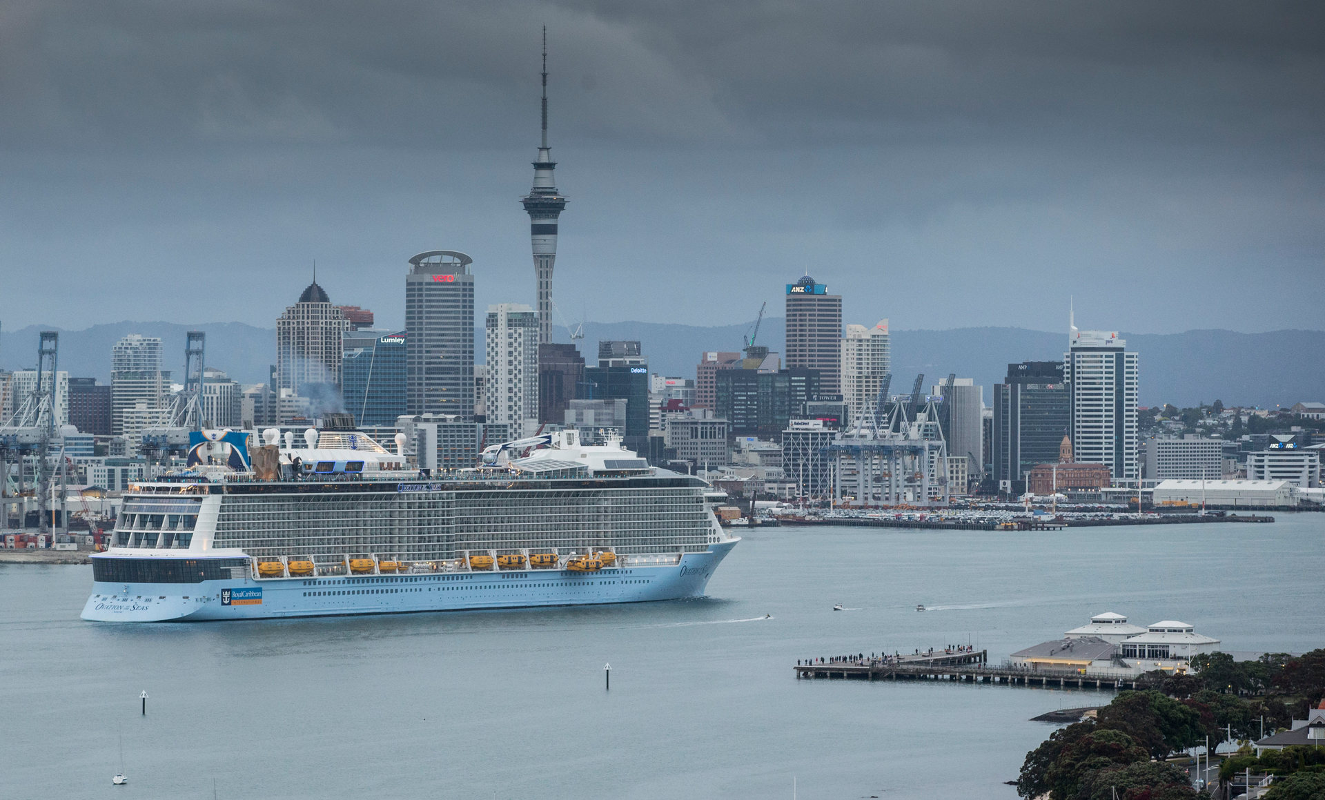 Royal Caribbean's megaliner, Ovation of the Seas, the largest cruise ship to visit New Zealand, heads into Auckland. Photo / NZME