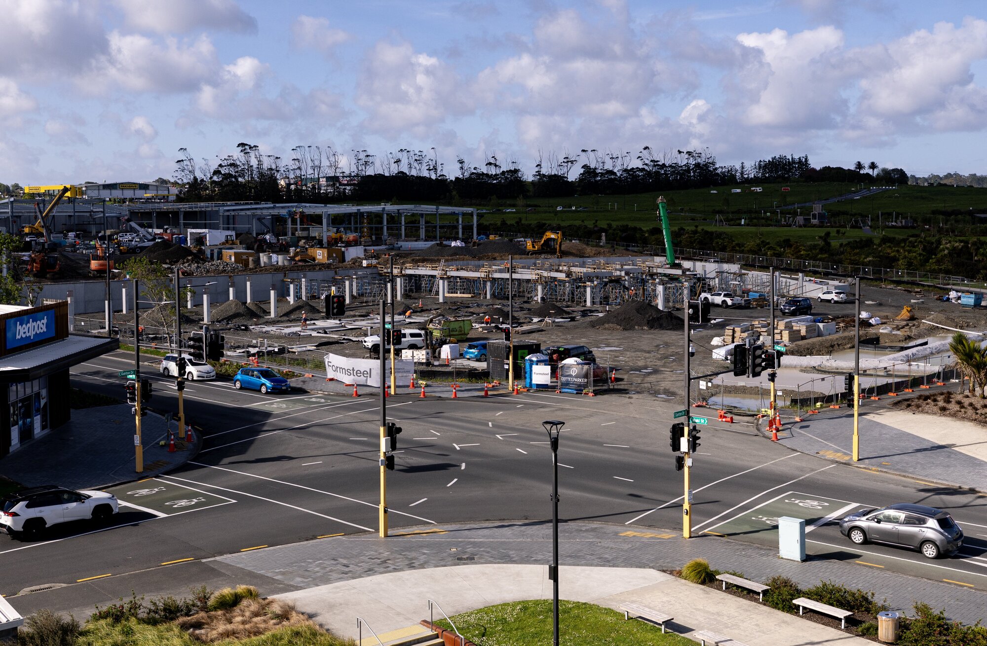 Looking from Costco Wholesale across Gunton Dr and Maki St to the new development where Kmart is rising, late October 2025. Photo / Dean Purcell