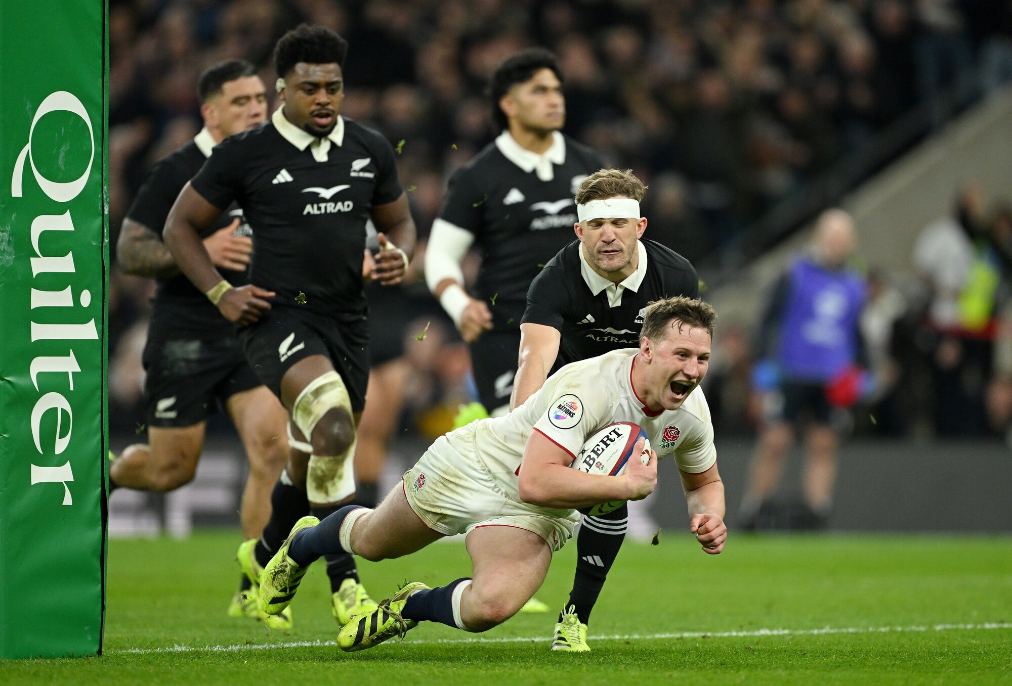 Fraser Dingwall scores against the All Blacks. Photo / Getty Images