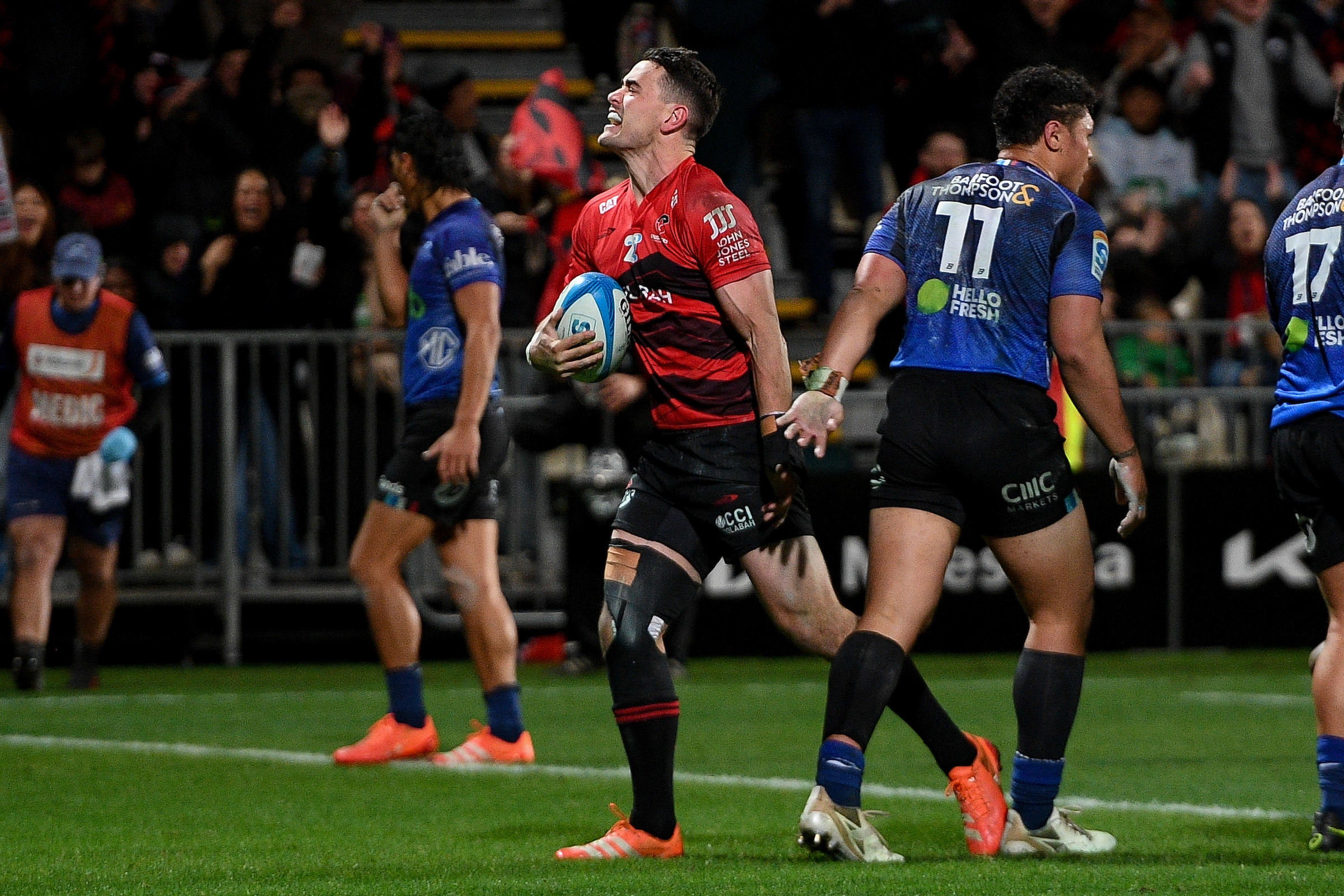 Will Jordan of the Crusaders celebrates his try during the Super Rugby Pacific semifinal against the Blues. Photo / Photosport