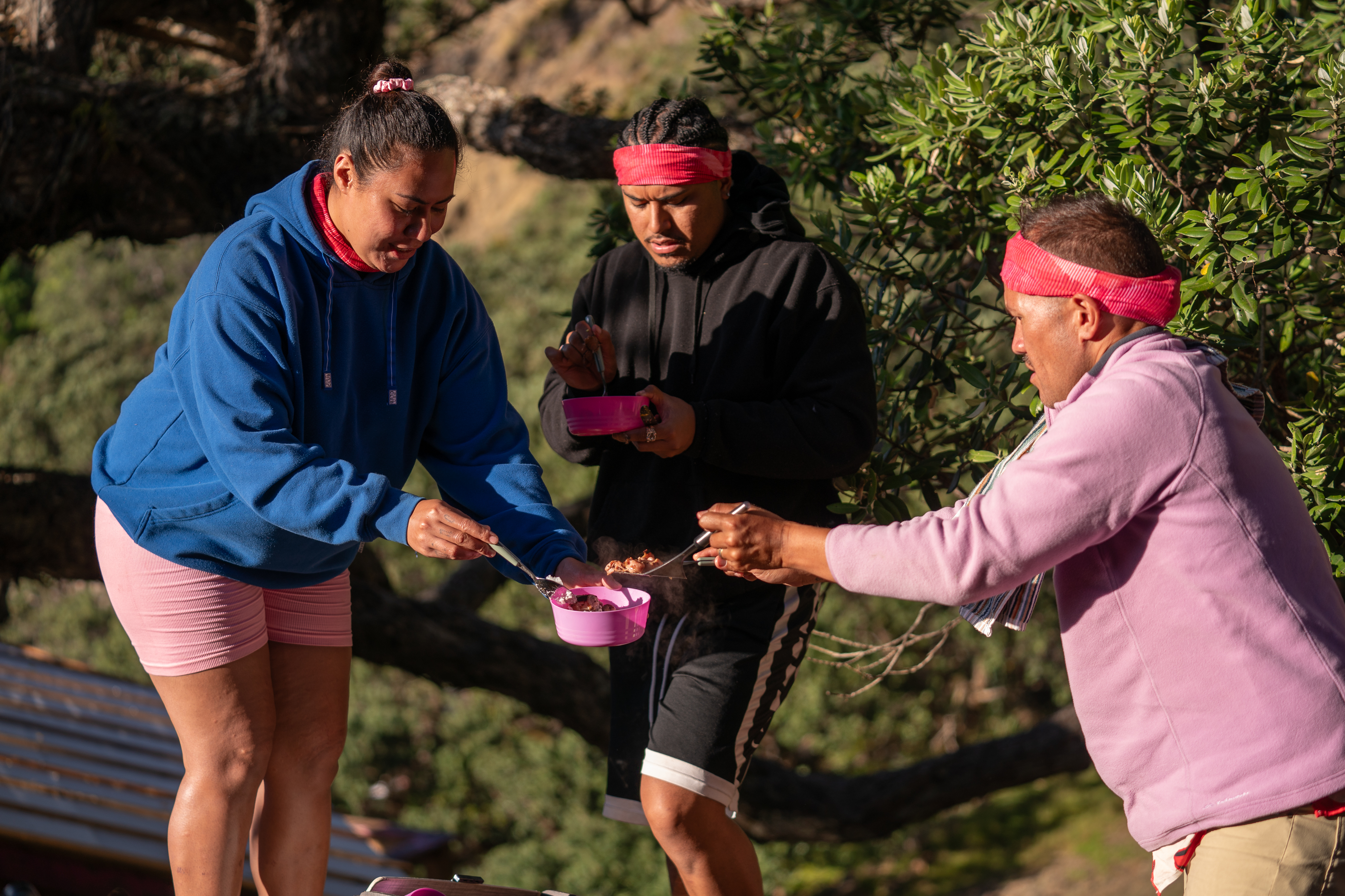 Team Aihe enjoy the breakfast of champions. Photo / TVNZ