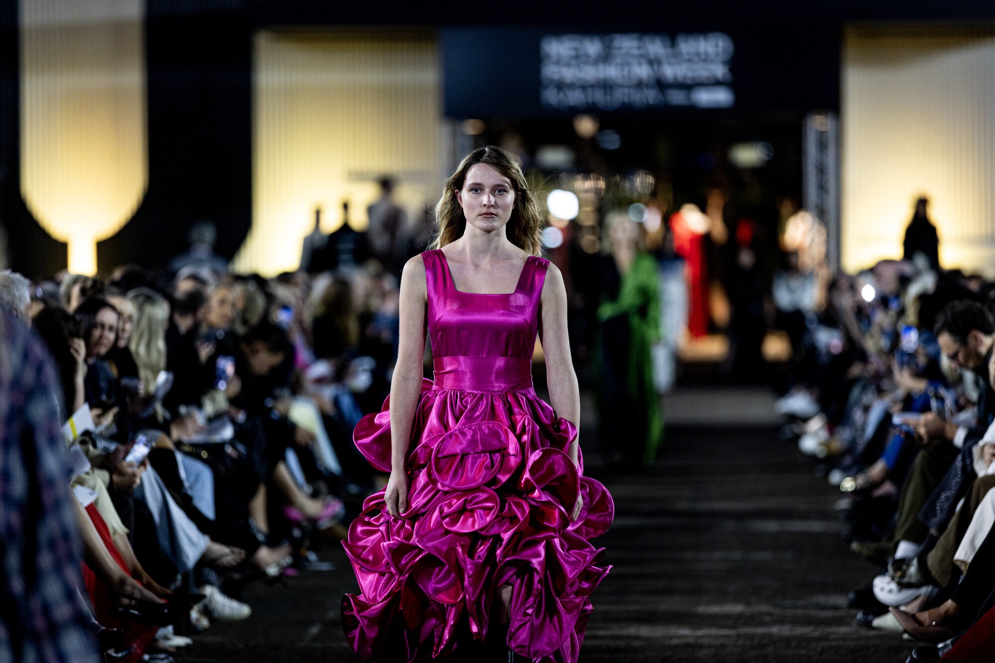 Model Ava wears a World dress from 2006 in the New Zealand Fashion Week: Kahuria opening night runway show Into The Archives. Photo / Dean Purcell