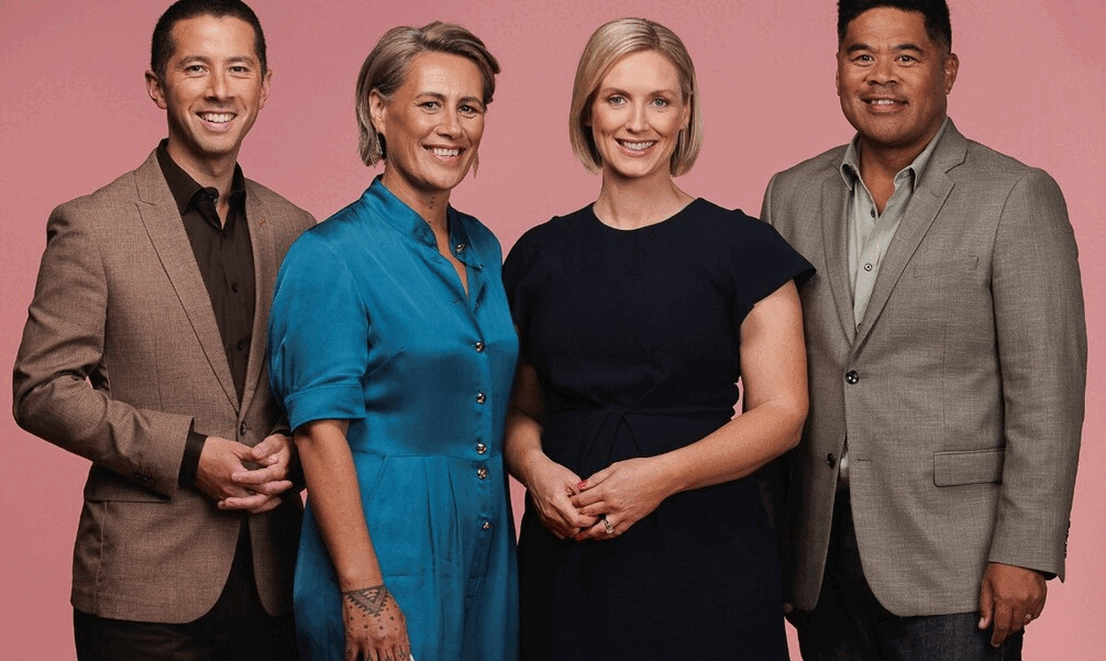 TVNZ Breakfast hosts (from left) Chris Chang, Jenny-May Clarkson, Anna Burns-Francis and Daniel Faitaua. Rieko Ioane chides Johnny Sexton at the Rugby World Cup last year. Photos: TVNZ, Getty Images